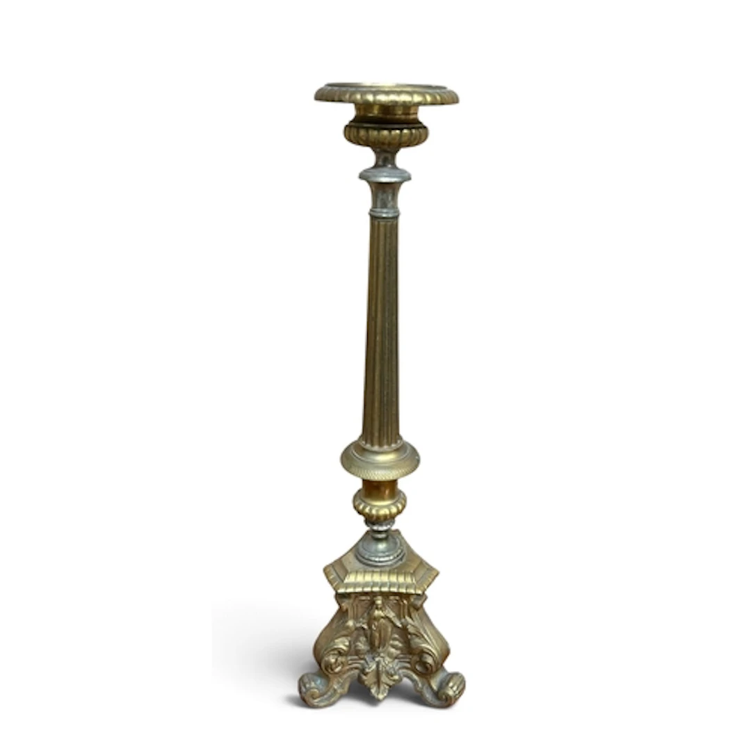 BRASS FLOOR CANDLE STAND, MOUNTED WITH THE VIRGIN MARY AND O...