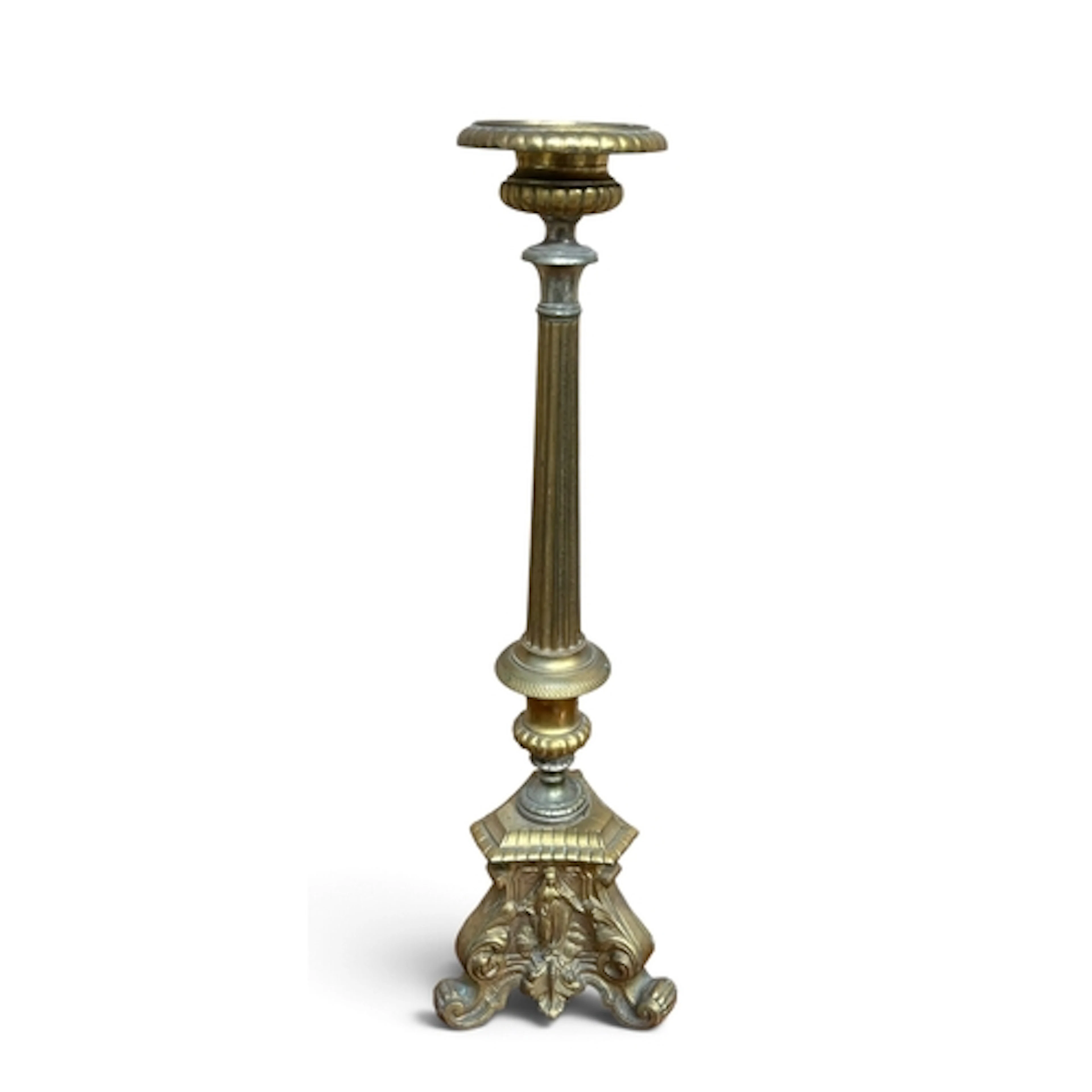 BRASS FLOOR CANDLE STAND, MOUNTED WITH THE VIRGIN MARY AND O...