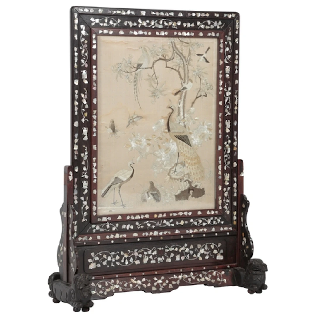 A Chinese 'Hundred Bird' embroidered silk table screen, late...