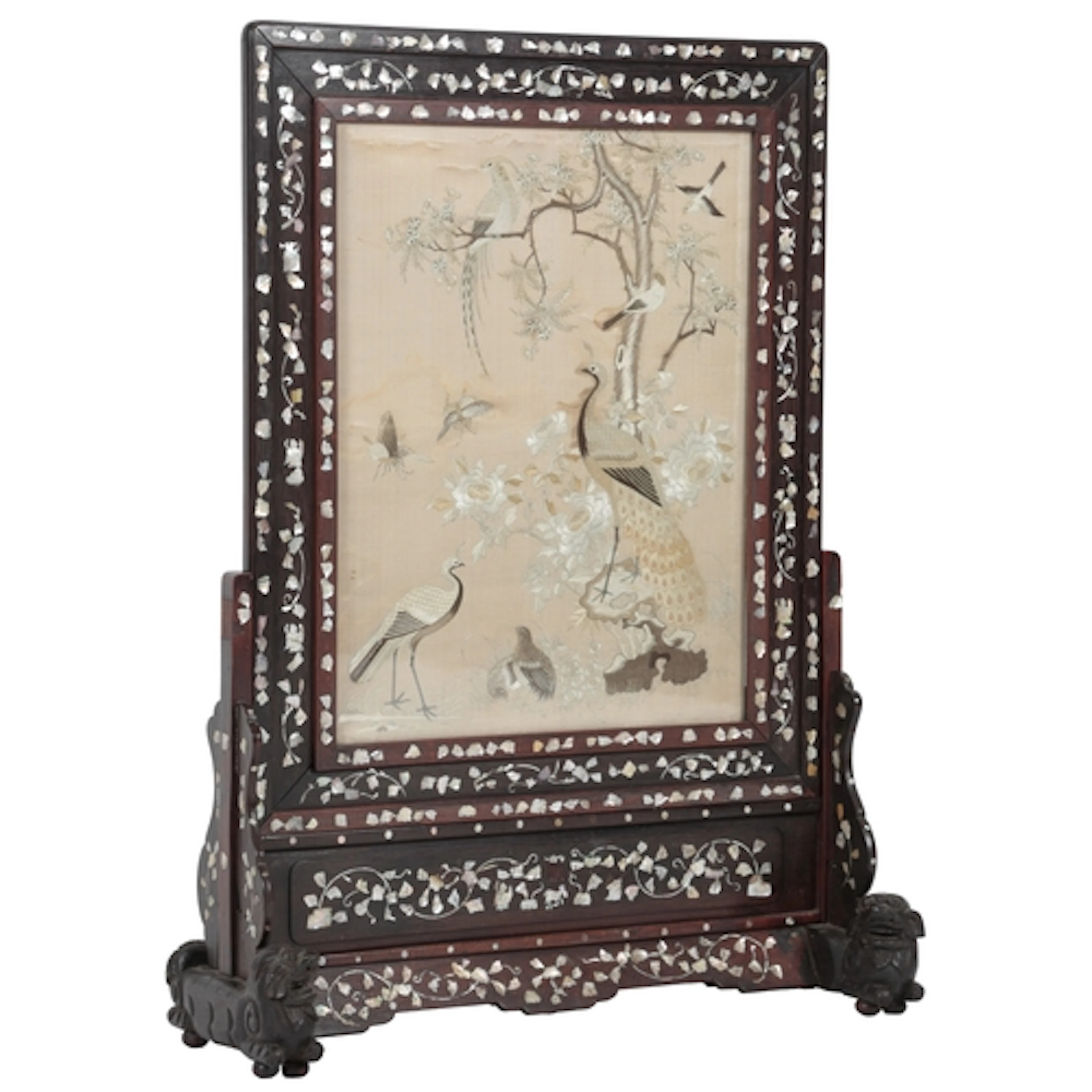 A Chinese 'Hundred Bird' embroidered silk table screen, late...