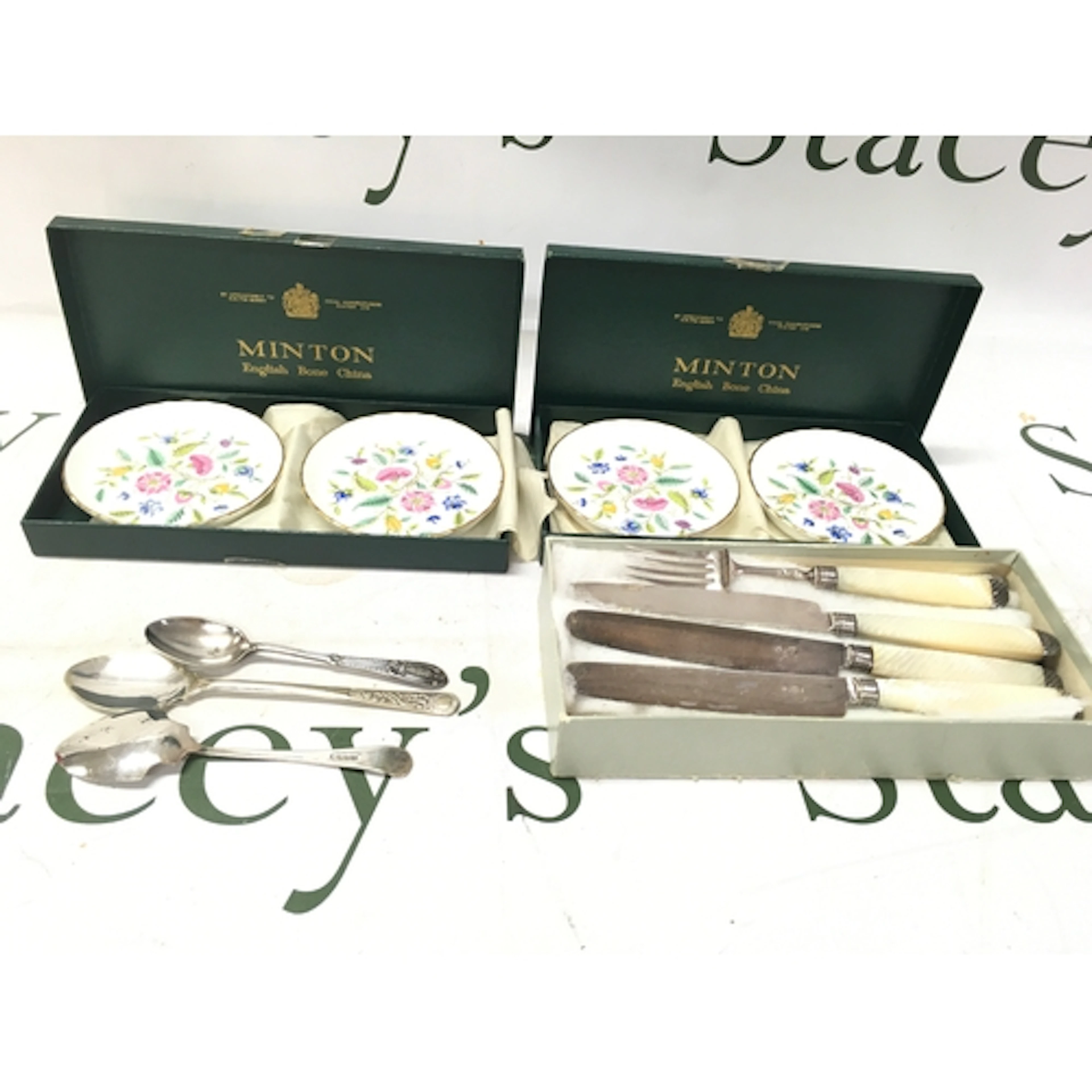 Minton pin dishes, HB&H marked spoons and cases EPNS cut...
