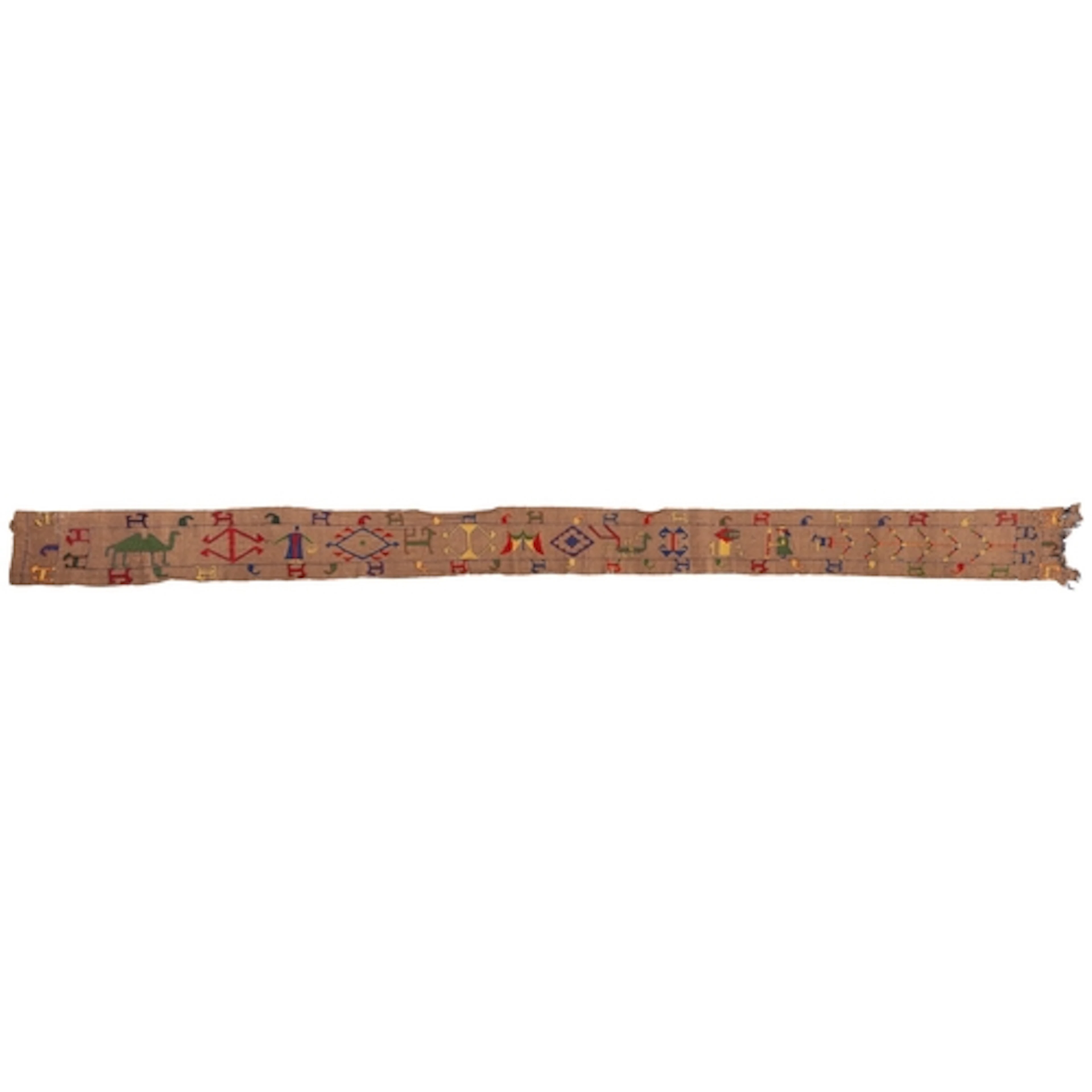 An embroidered hessian table runner or wall hanging, early 2...