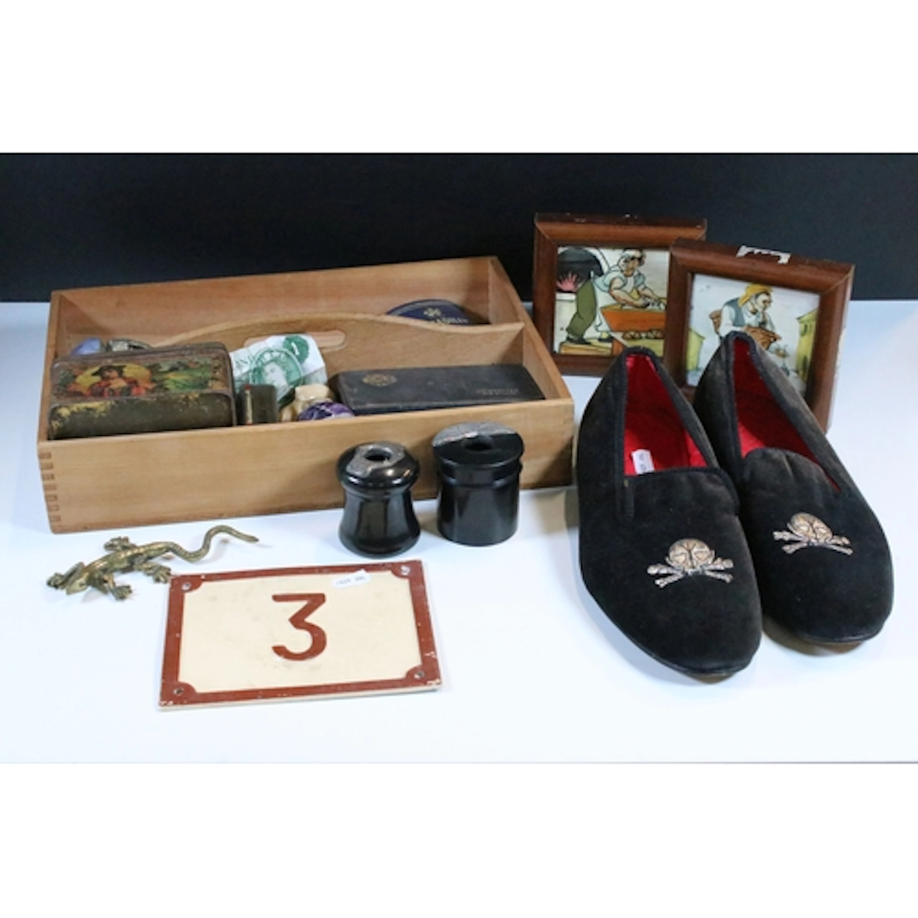 Assorted collectables to include Tricker's skull slippers UK...