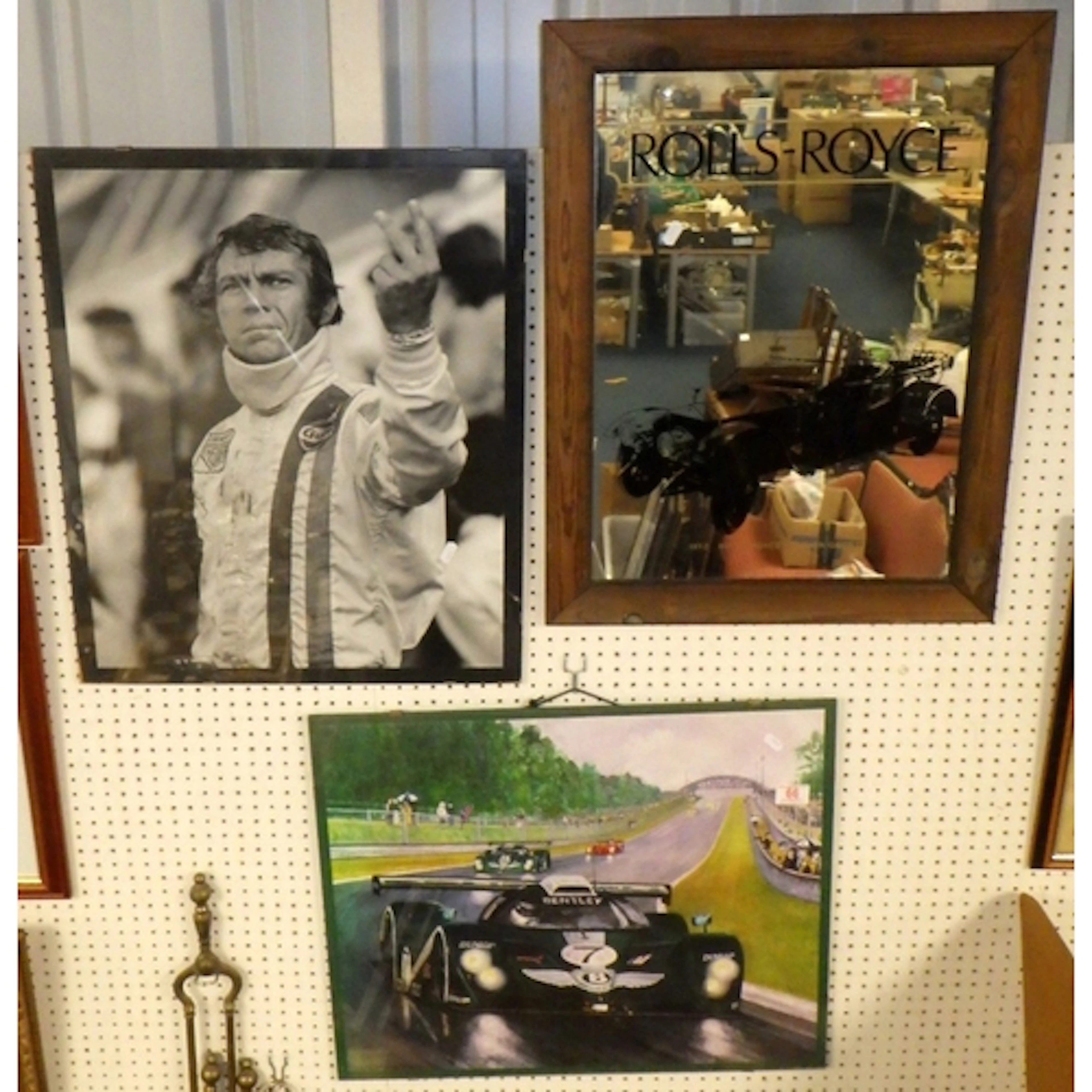 A Rolls Royce Silver Ghost mirror, a framed print and a Stev...