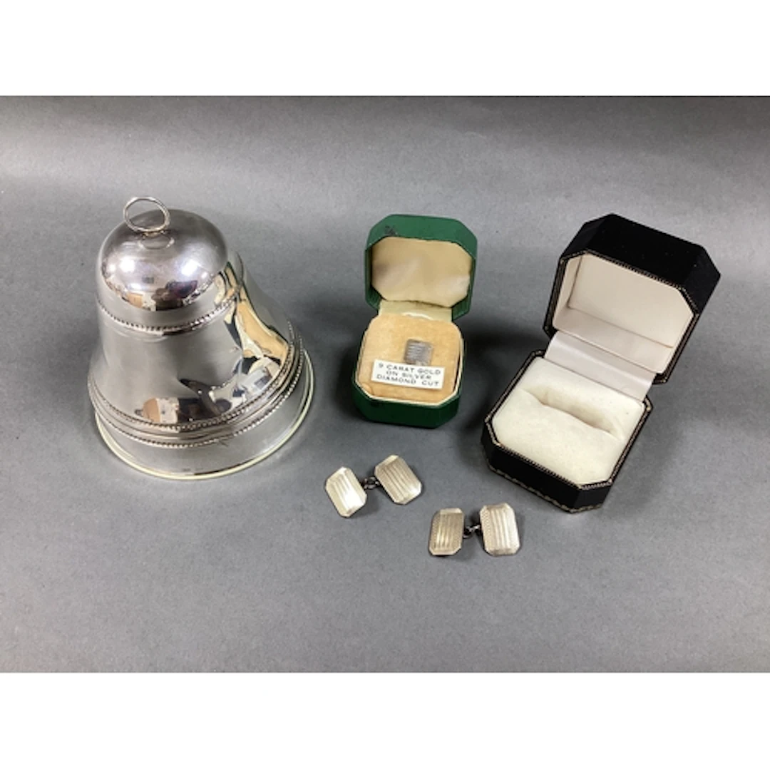 A Musical Bell, (wind-up movement), stamped "925", approxima...