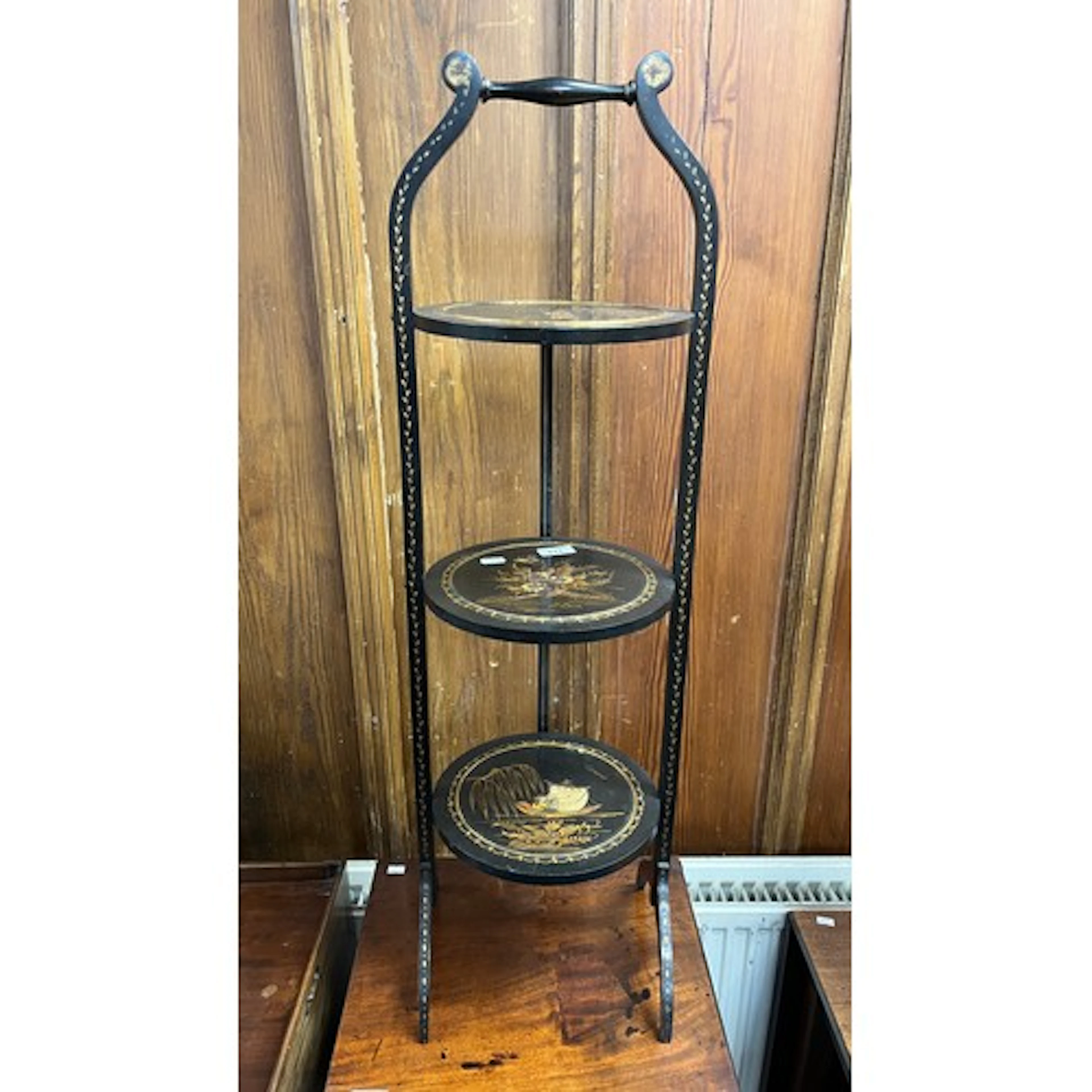 Oriental hand painted three tier cake stand, 90cm tall