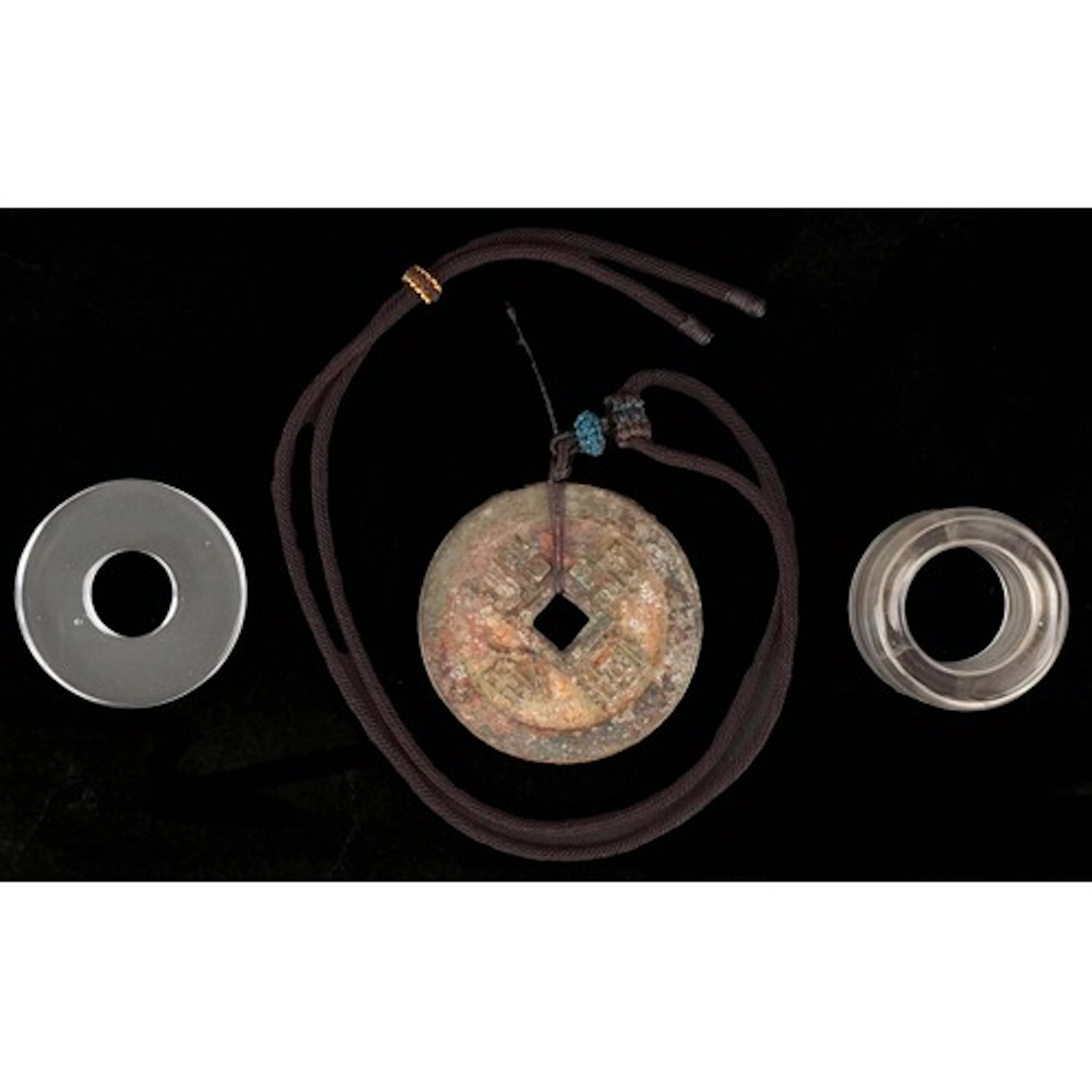 Chinese rose quartz archer's ring and disc pendant together ...