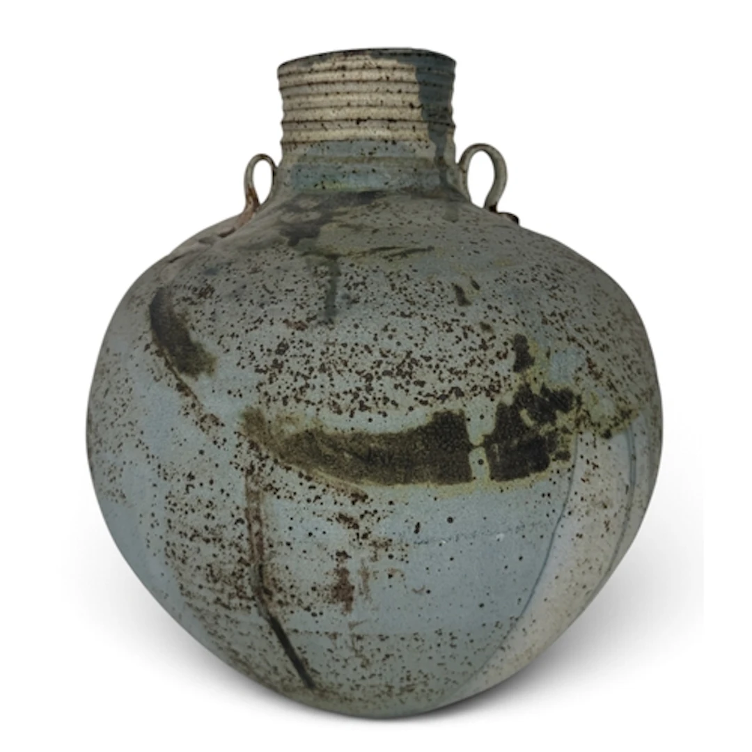 AN INTERESTING STUDIO CERAMIC VASE WITH TWO LOOP HANDLES 28c...