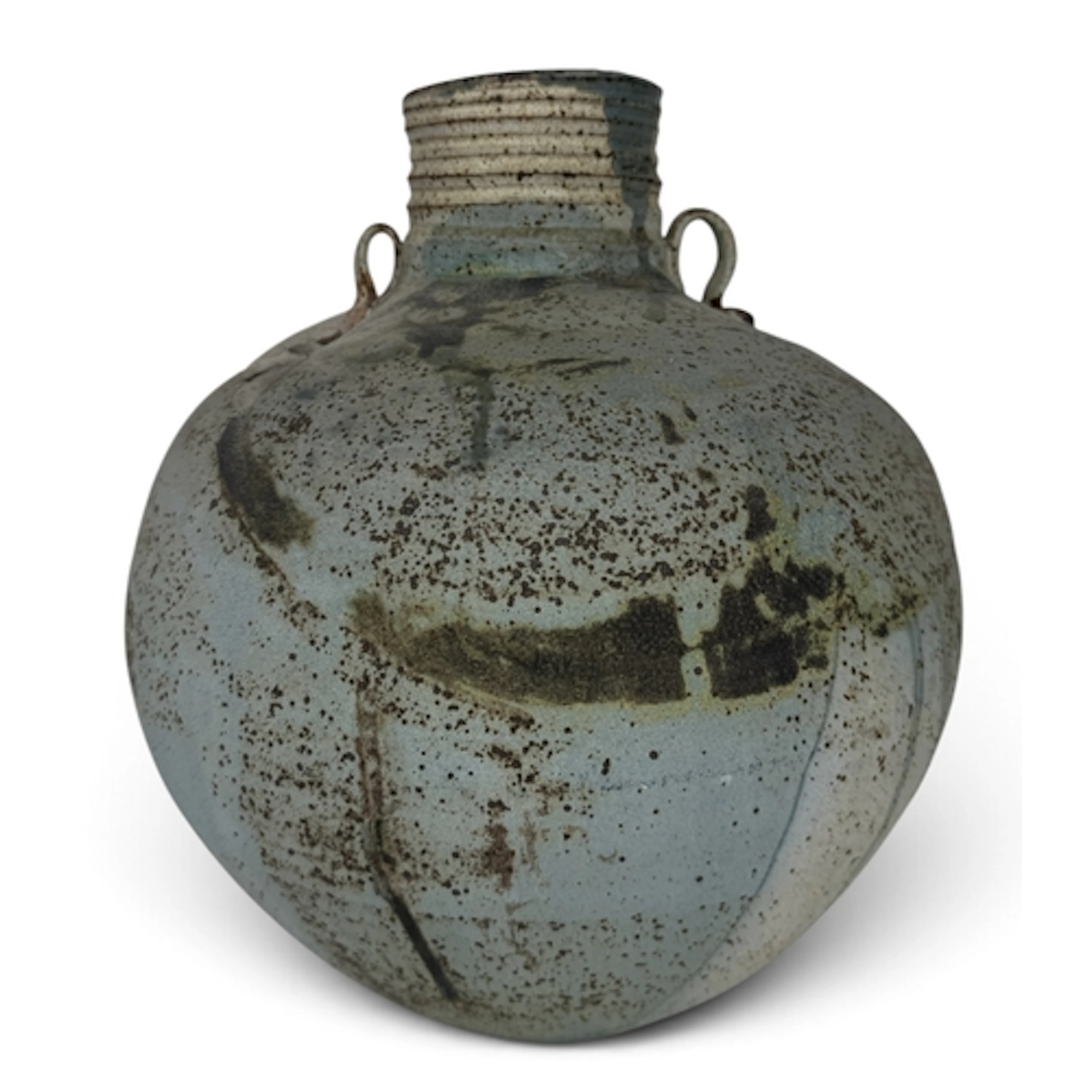 AN INTERESTING STUDIO CERAMIC VASE WITH TWO LOOP HANDLES 28c...