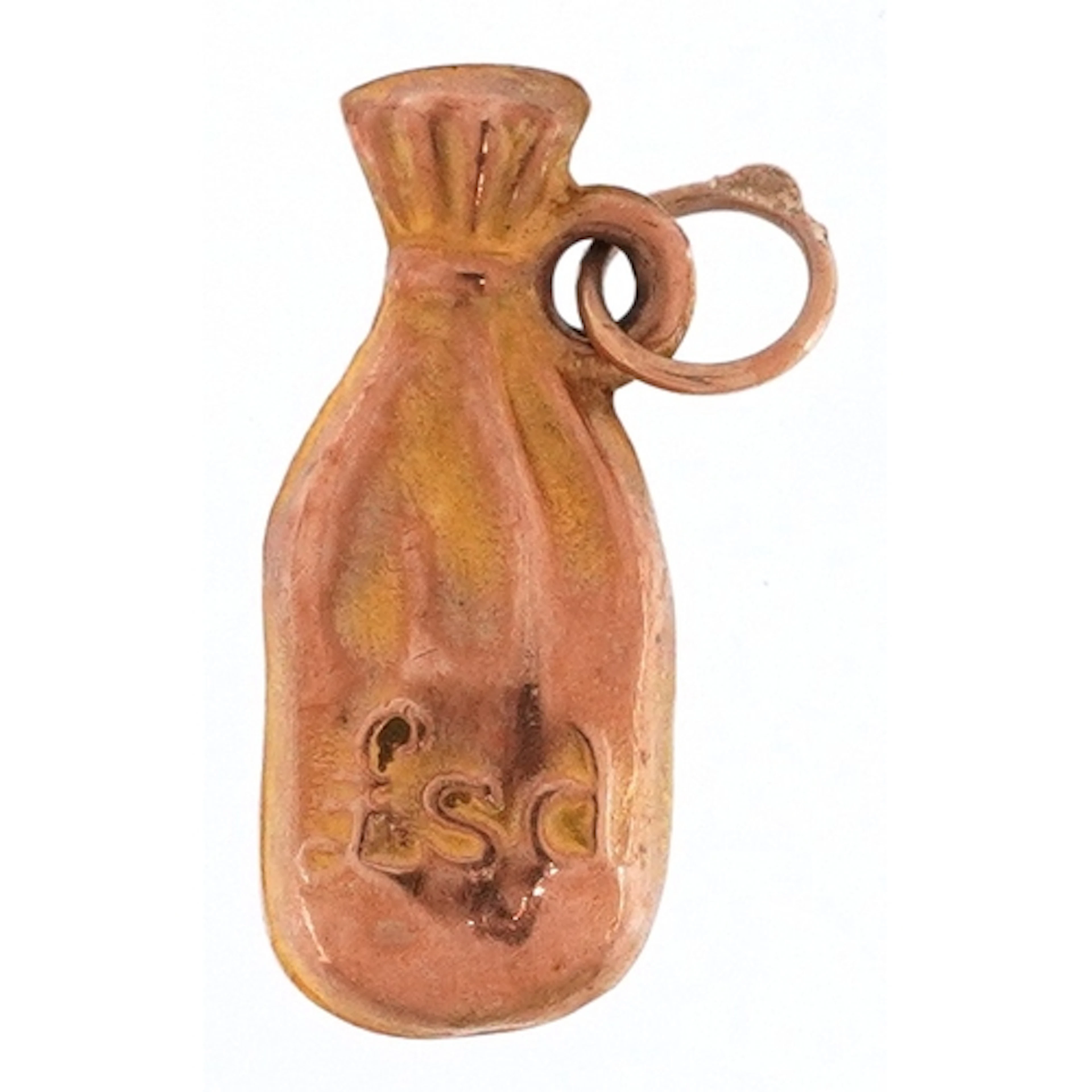 9ct gold charm in the form of a money bag, 1.6cm high, 0.2g.