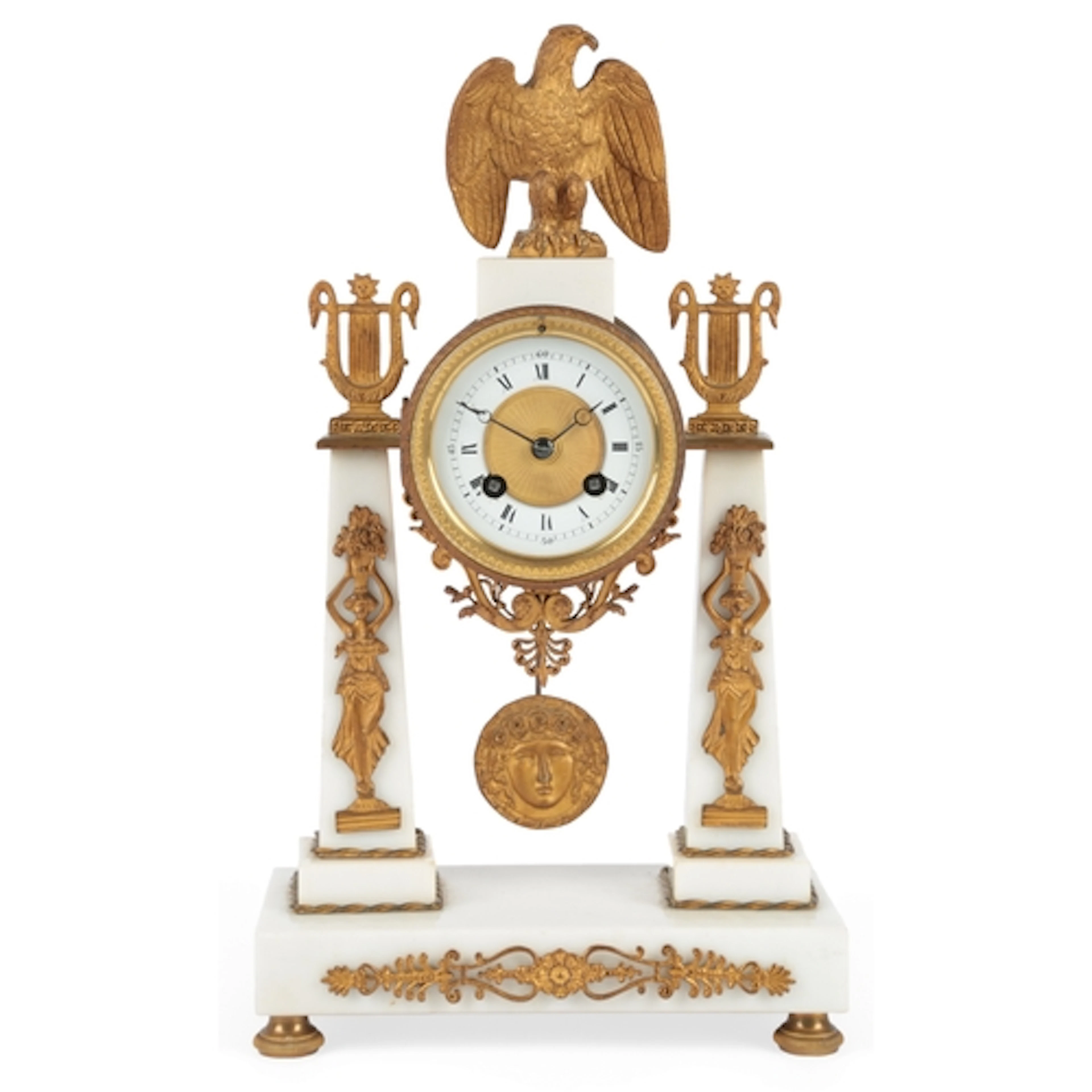A French Empire style ormolu and white marble mantel clock, ...
