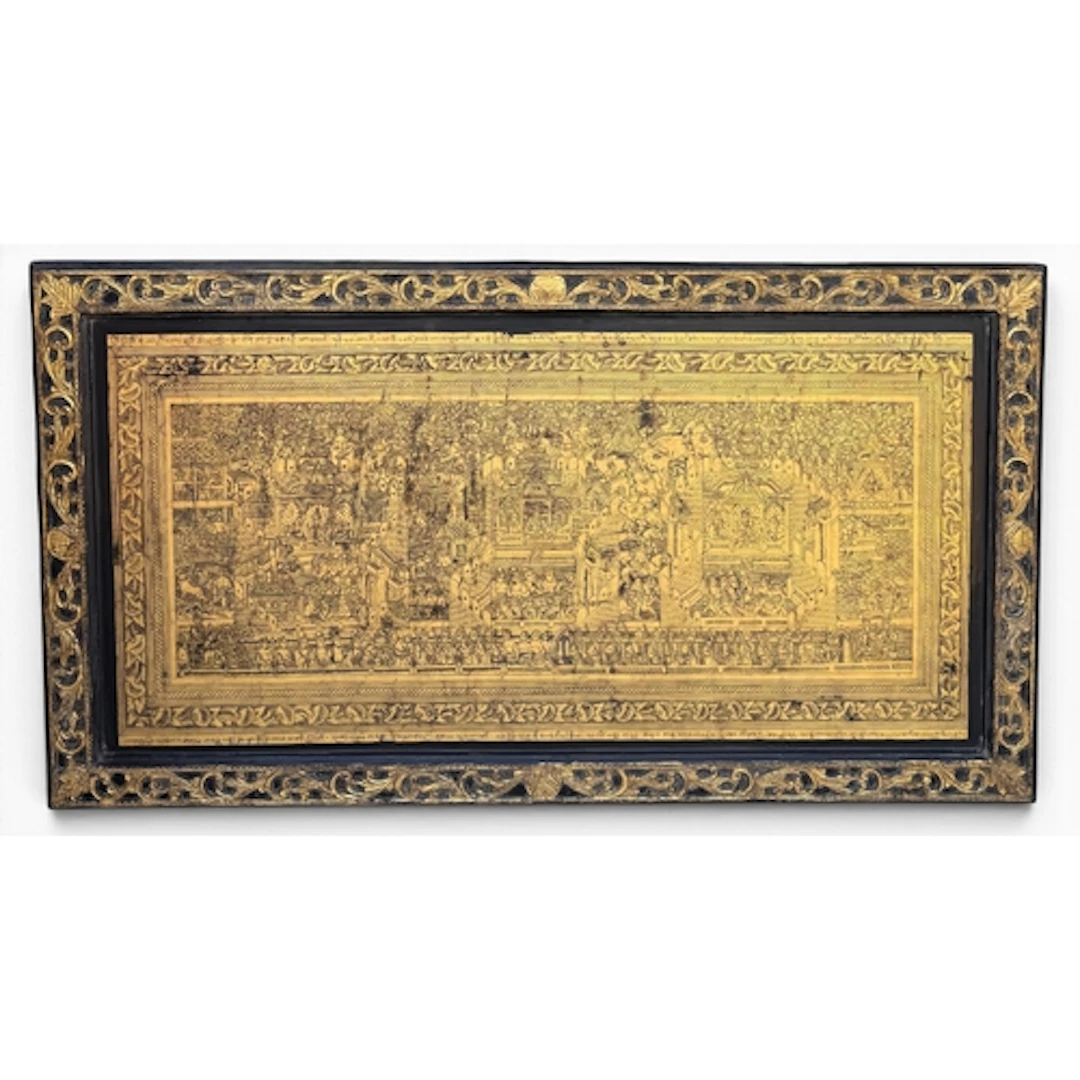 A LARGE AND RARE BURMESE SHWEZAWA LACQUERED PANEL OF THE MAH...