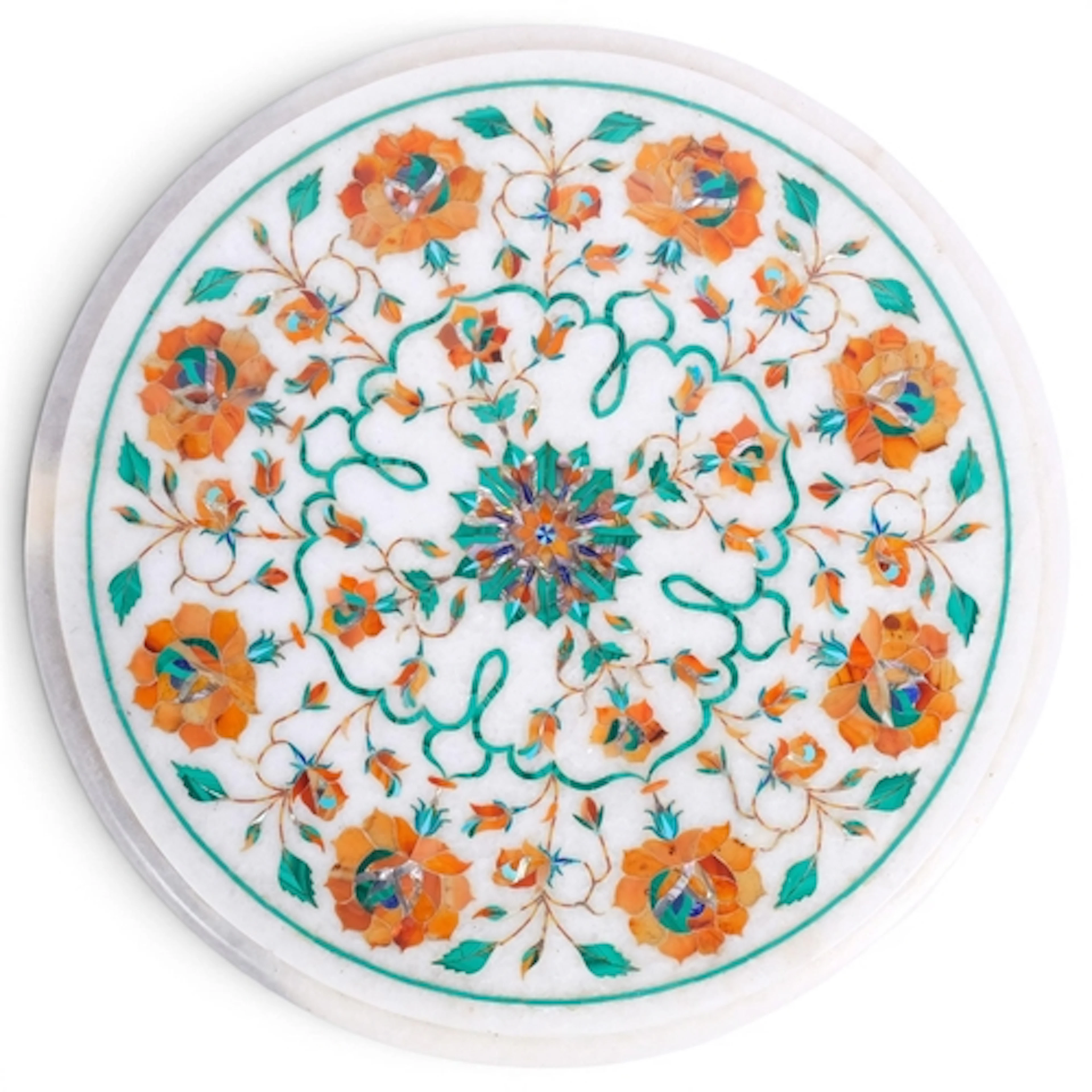 An Indian white marble circular table top, with inlaid malac...