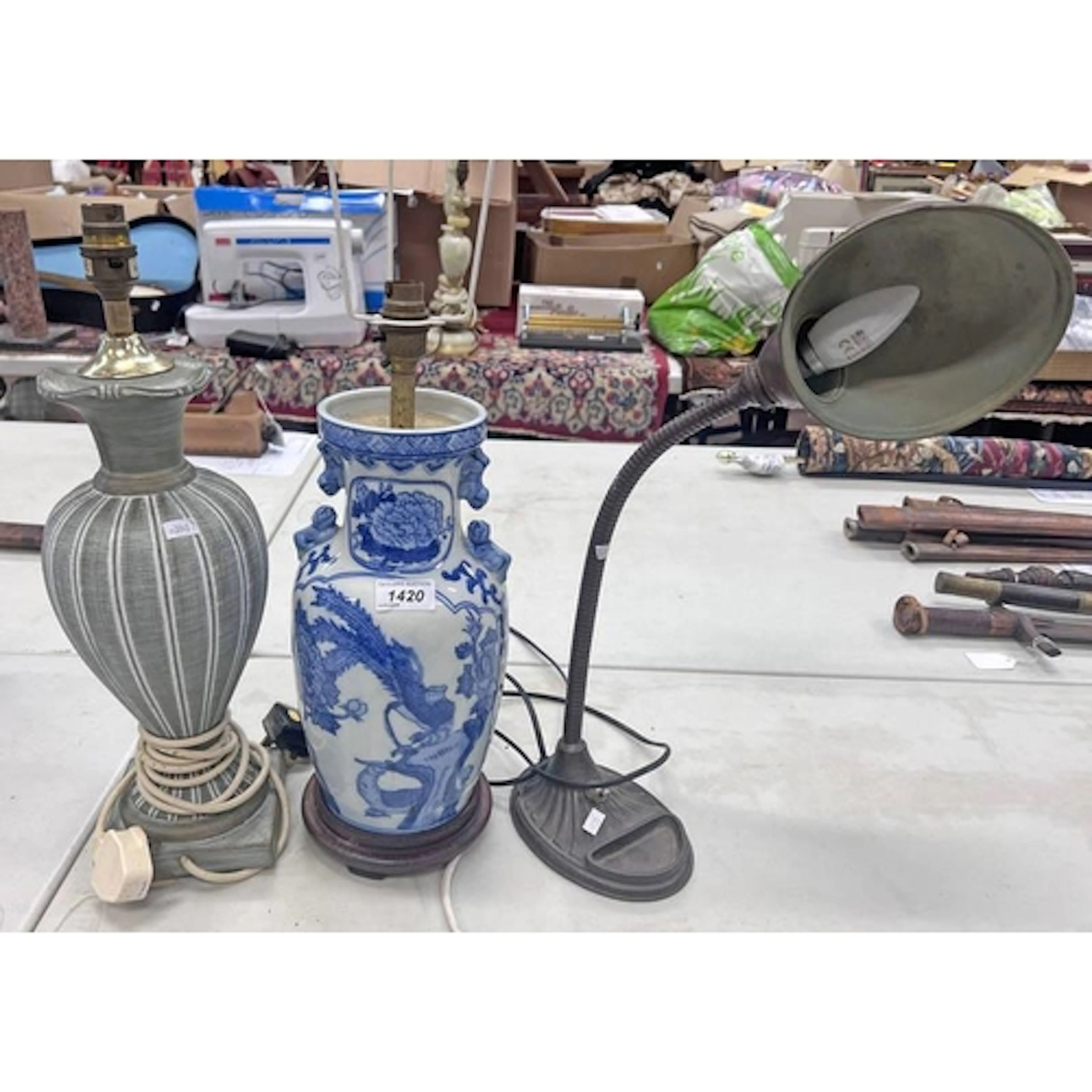 ORIENTAL BLUE AND WHITE VASE BODIED TABLE LAMP AND TWO OTHER...