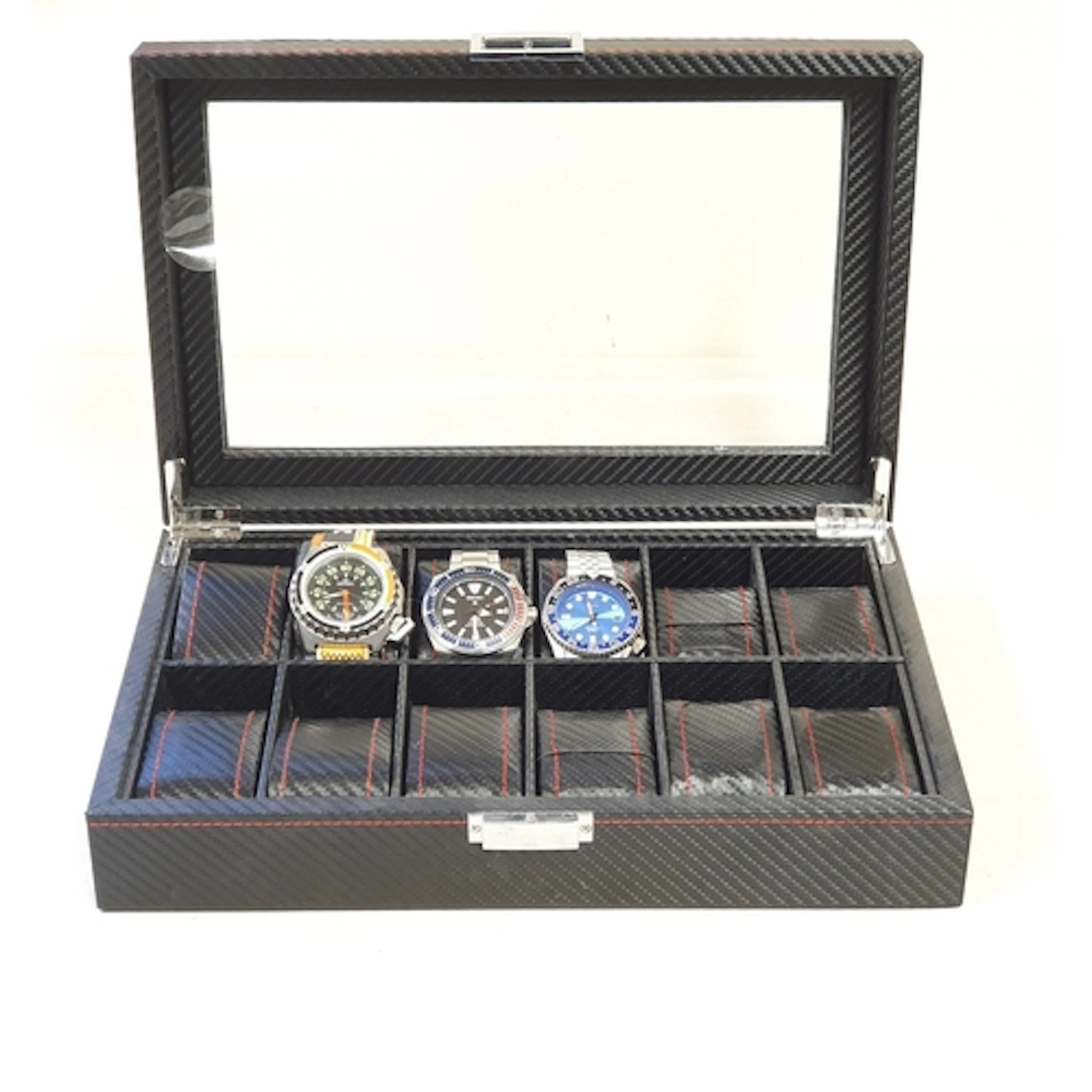 A Watch Display Case containing three gentleman's Wristwatch...