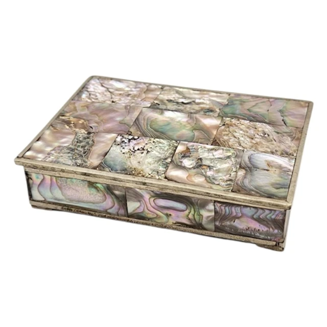 A VINTAGE ALPACA SILVER AND ABALONE SHELL MOSAIC TRINKET BOX...