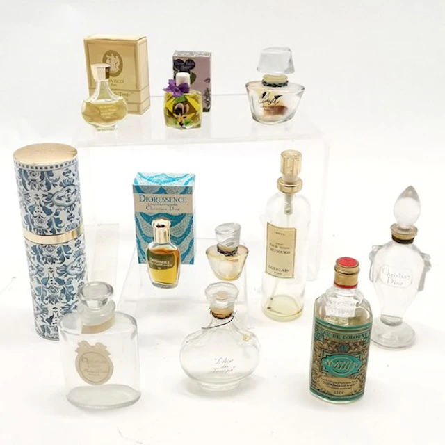 10 x vintage mostly empty perfume bottles inc Guerlain (16cm...