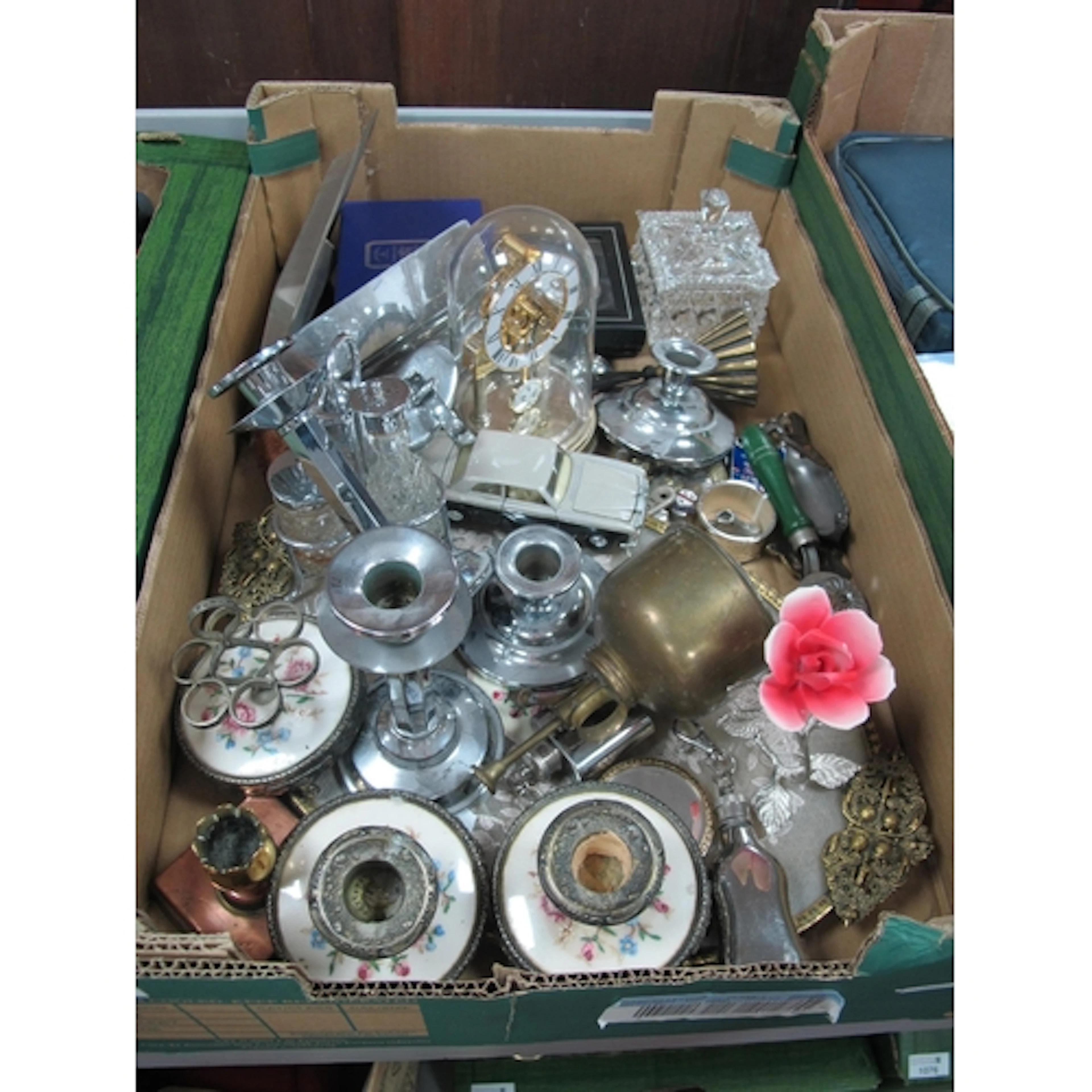 Dressing Table Ware, oil dispenser, chrome candlesticks, tof...