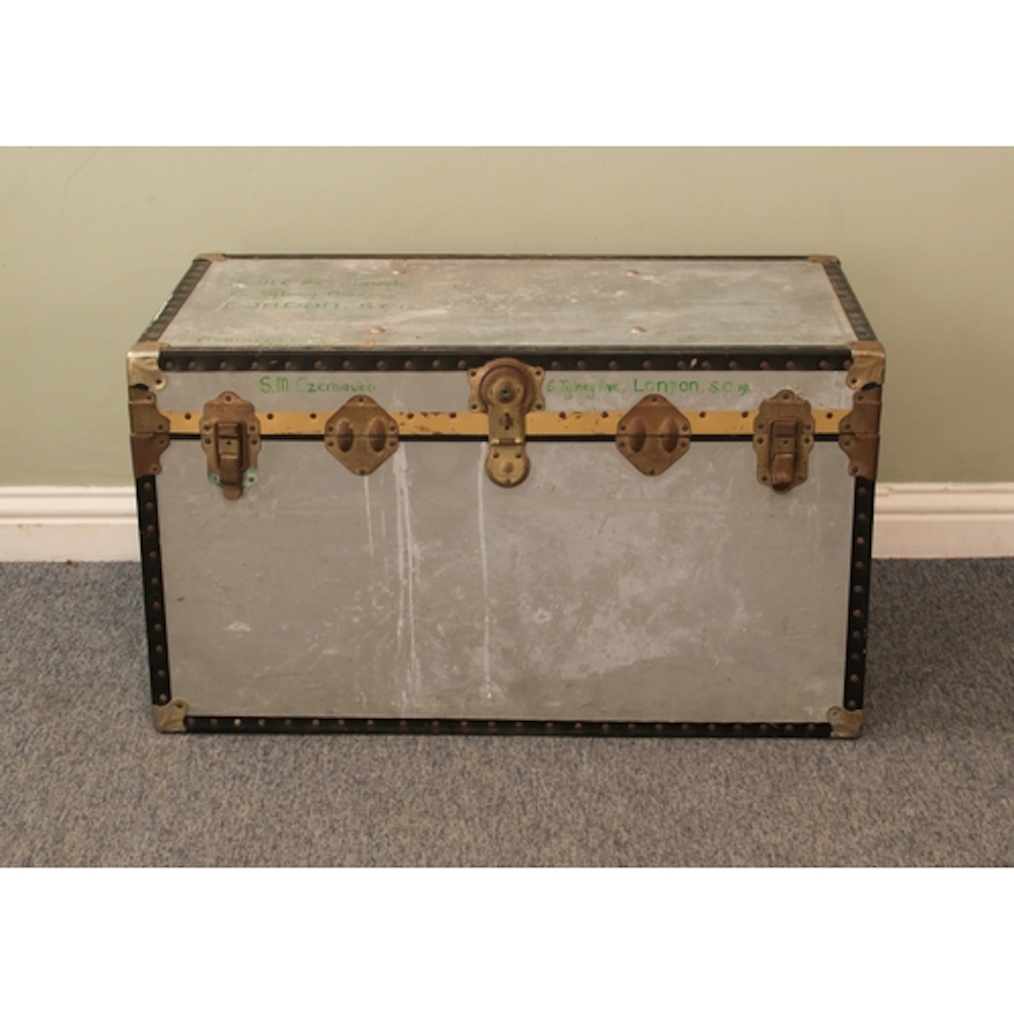 A large vintage school or steamer trunk - galvanised metal w...
