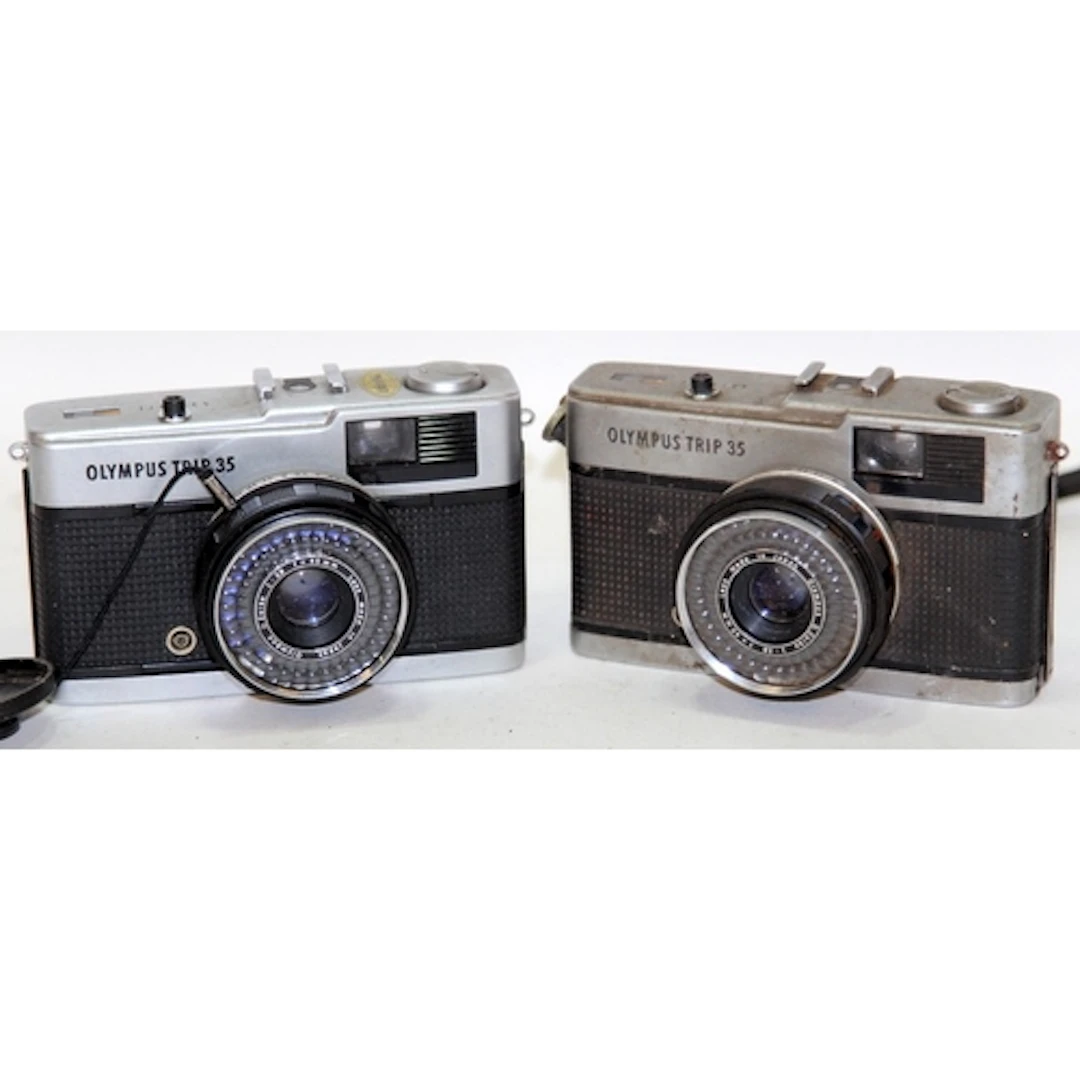 2 x vintage Olympus Trip 35mm compact film cameras, film adv...