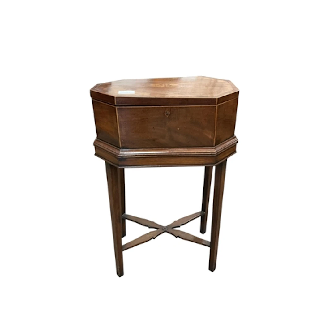 A George III octagonal mahogany work box on stand, width 43c...