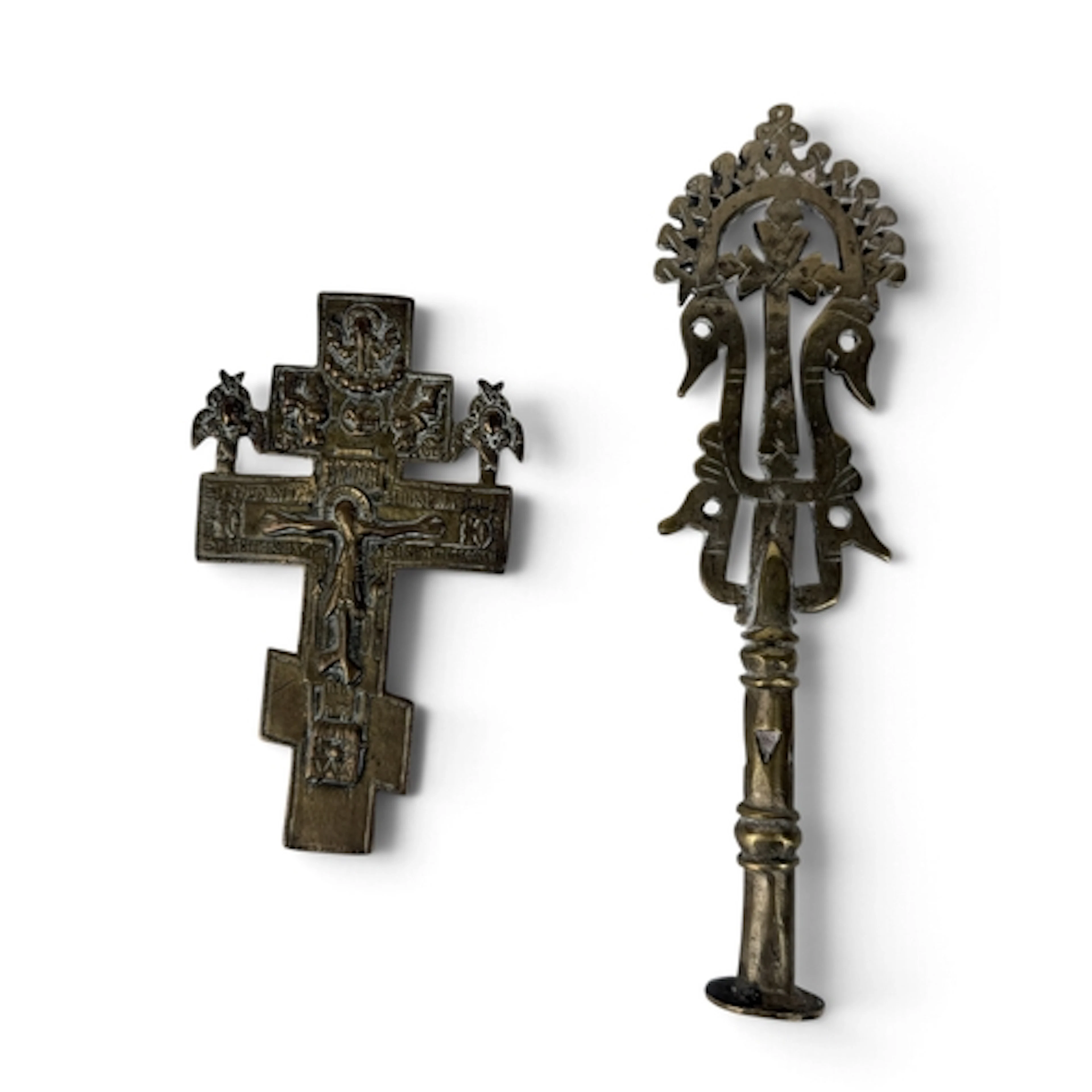A 19TH CENTURY BRASS RUSSIAN ALTAR CROSS Together with an Et...