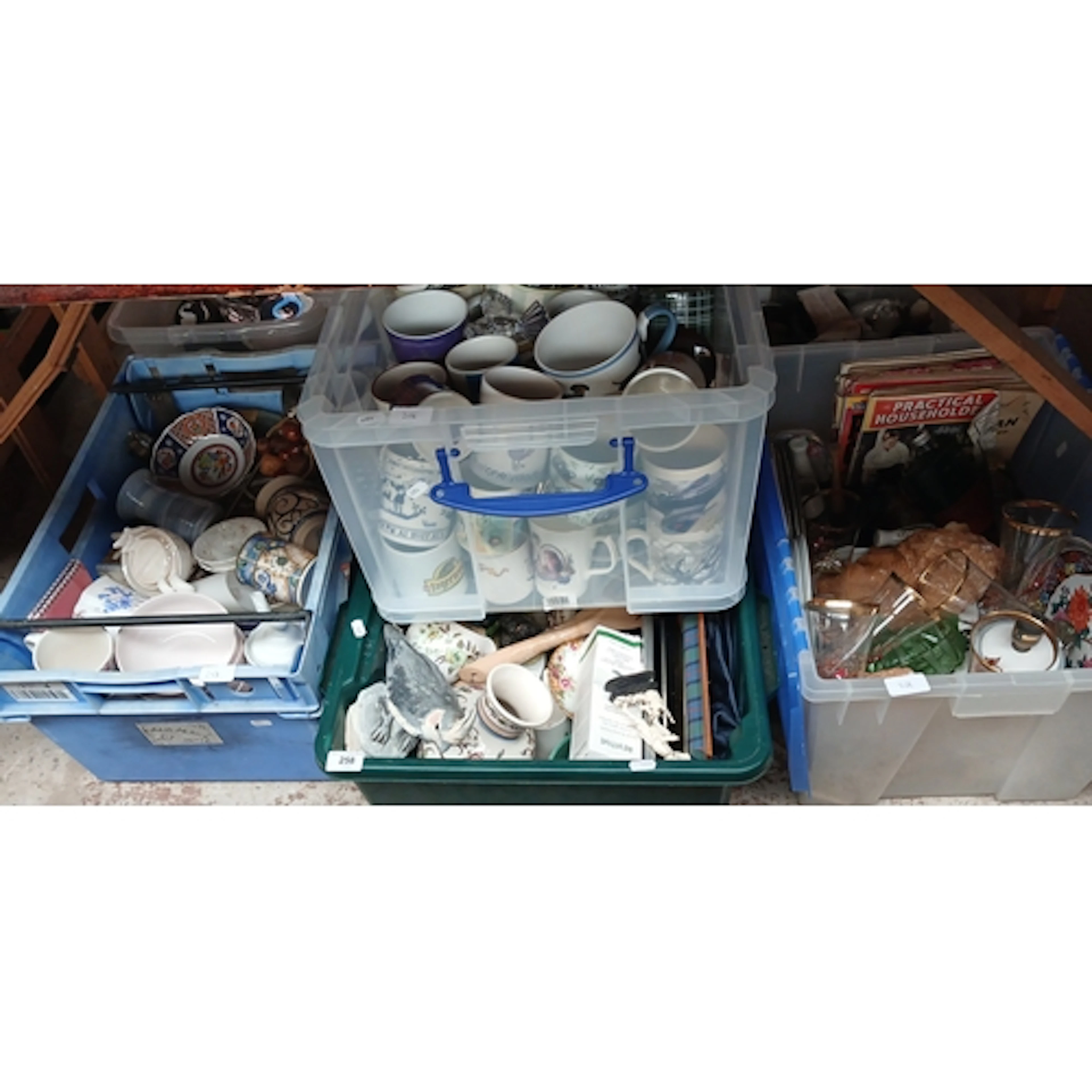 5 boxes of mixed ceramics and glass to include mugs, figurin...