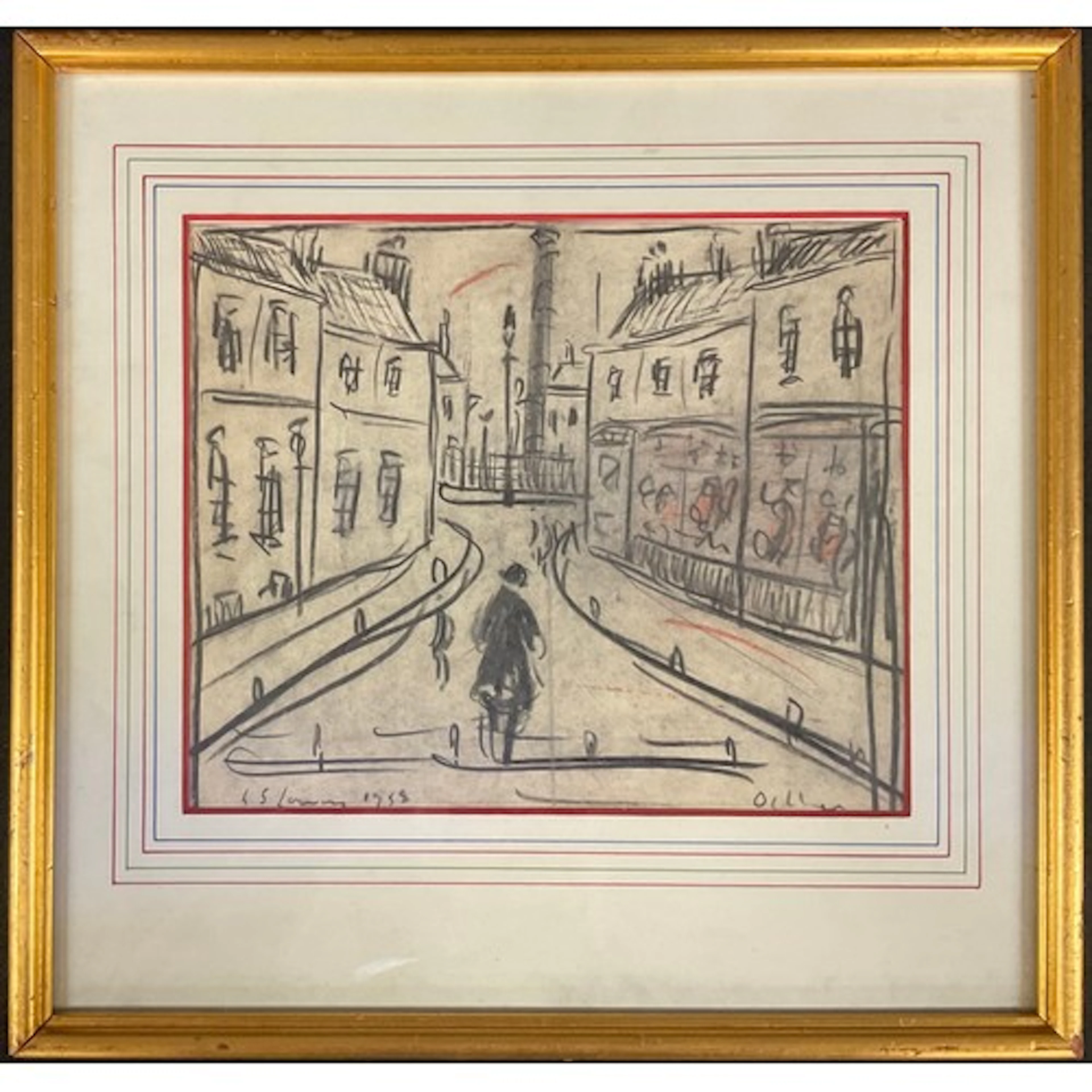 After LS Lowry Street Scene with Figure mixed media 23.5...