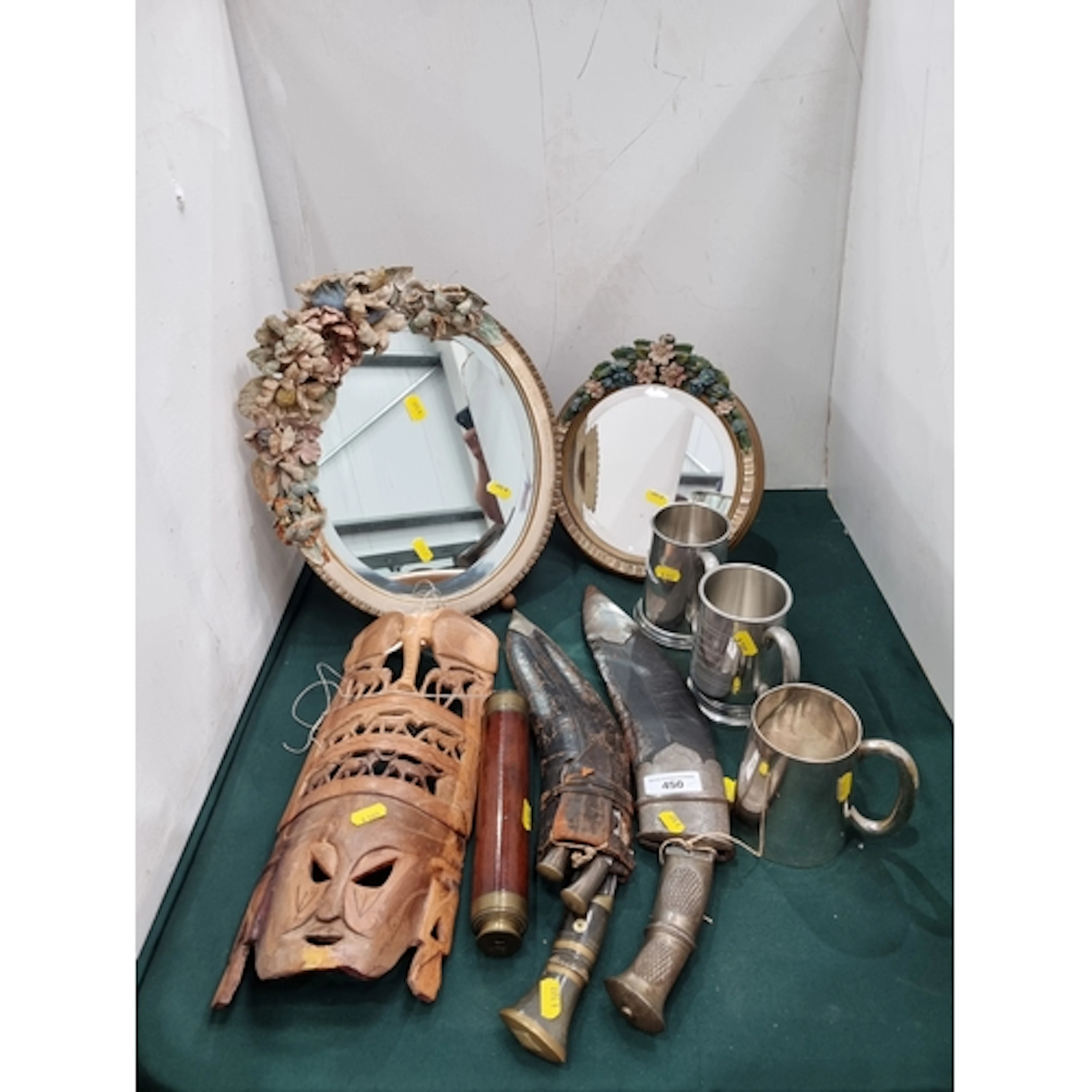 Two Table Mirrors with floral designs, a carved Tribal Mask,...