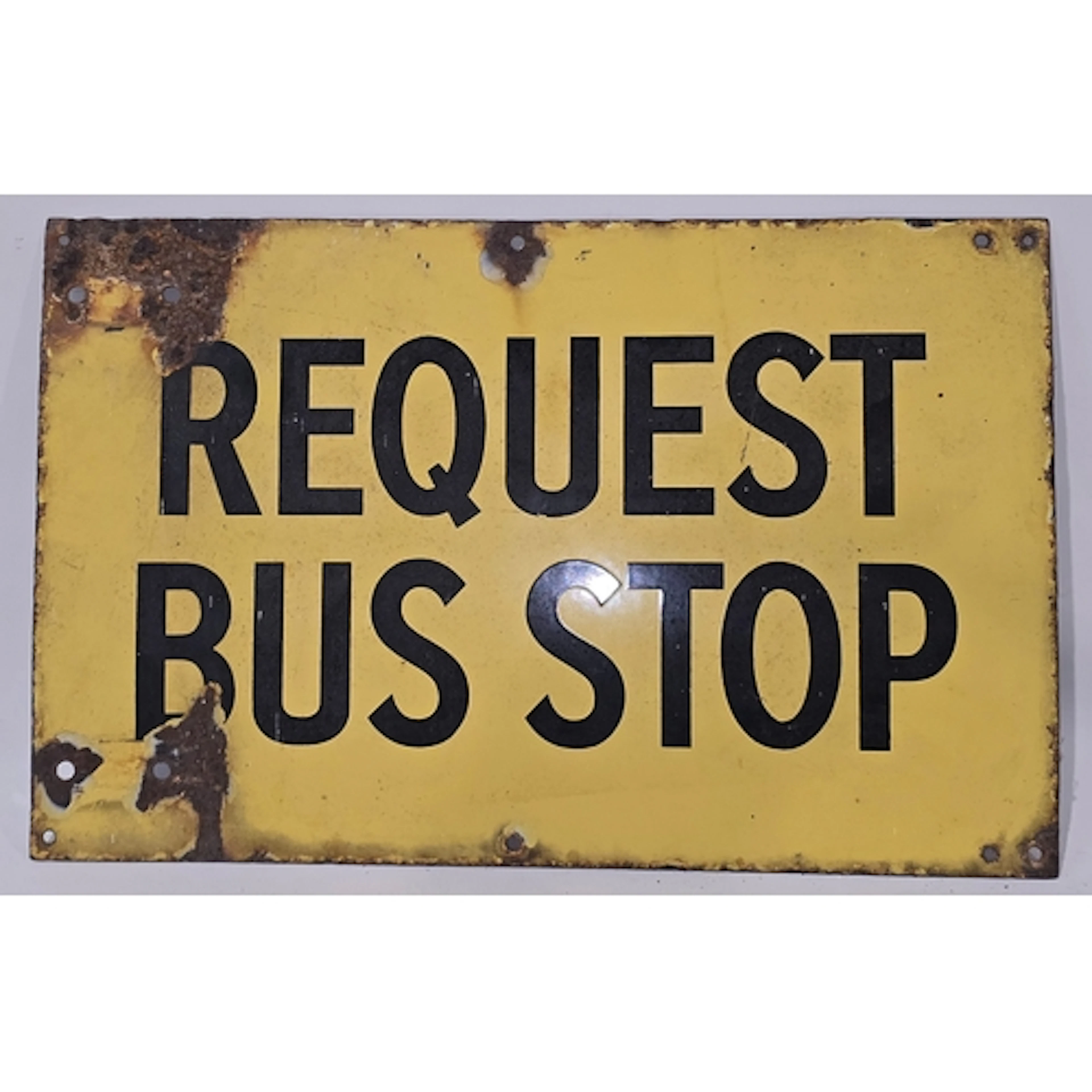 A vintage Bournemouth "Request Bus Stop" yellow and black en...