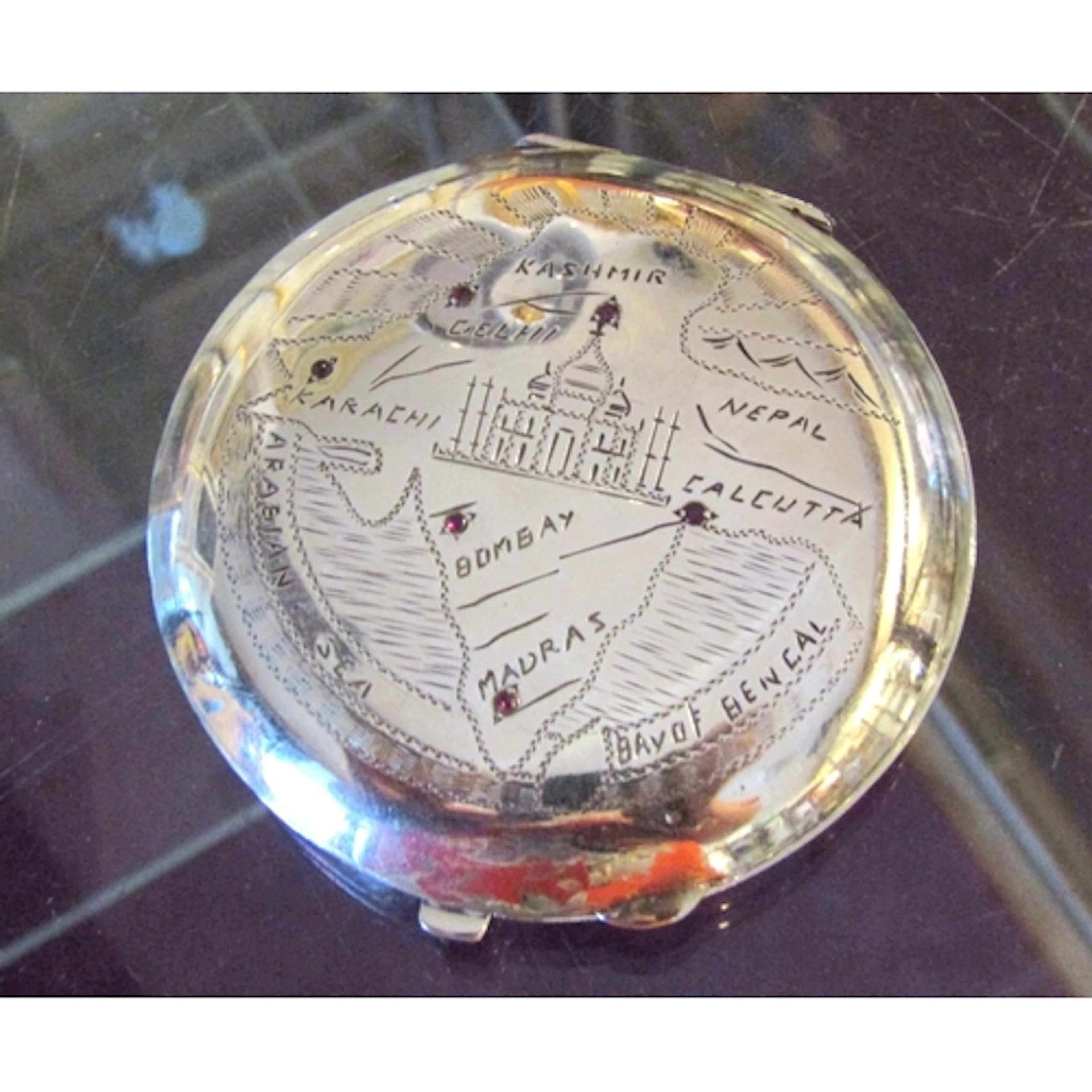 Silver Ladies Compact with Map of India Ruby Inset City Mark...
