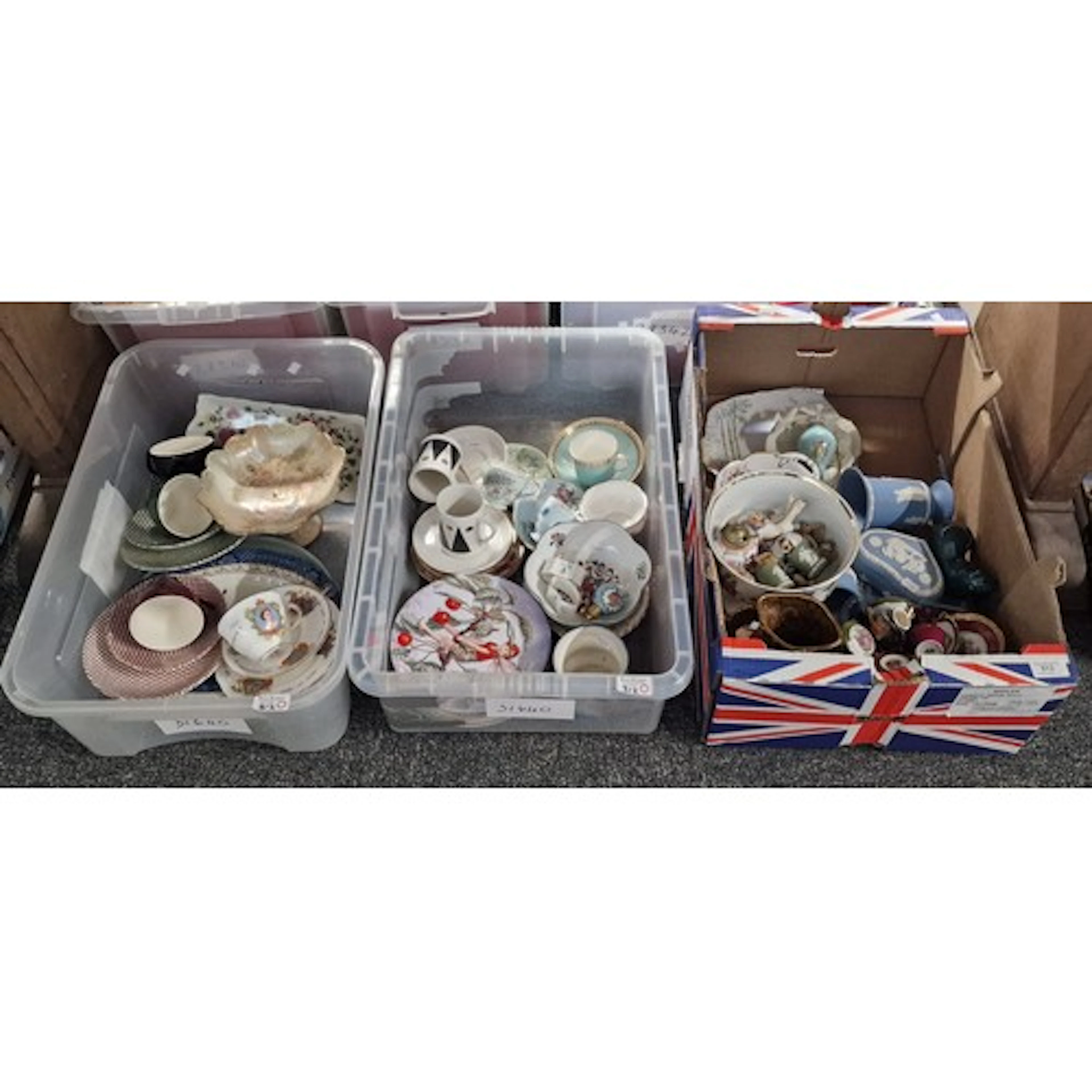 Three boxes of assorted china, to include Wedgwood jasperwar...