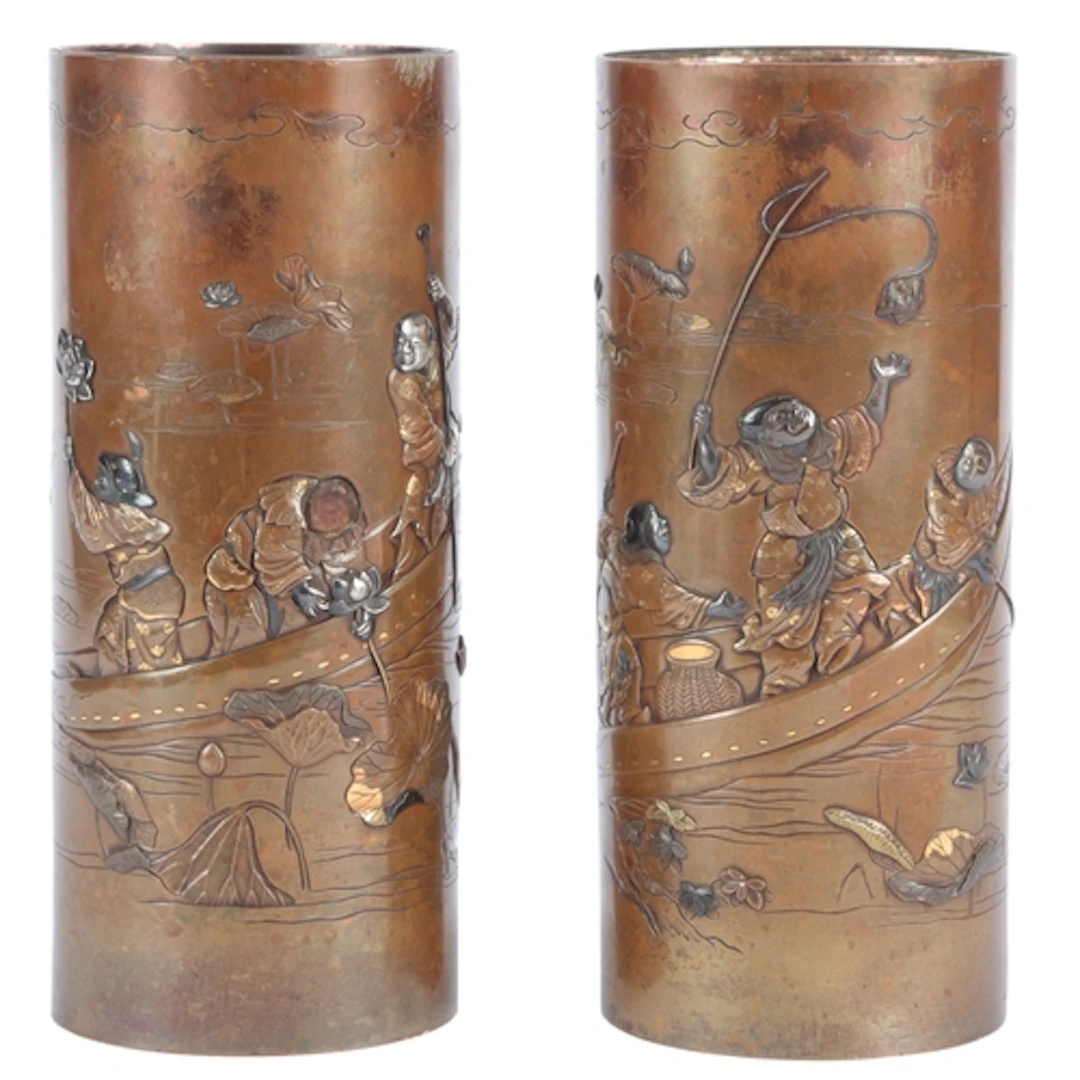 A pair of Japanese mixed metal brushpots, Meiji period, each...