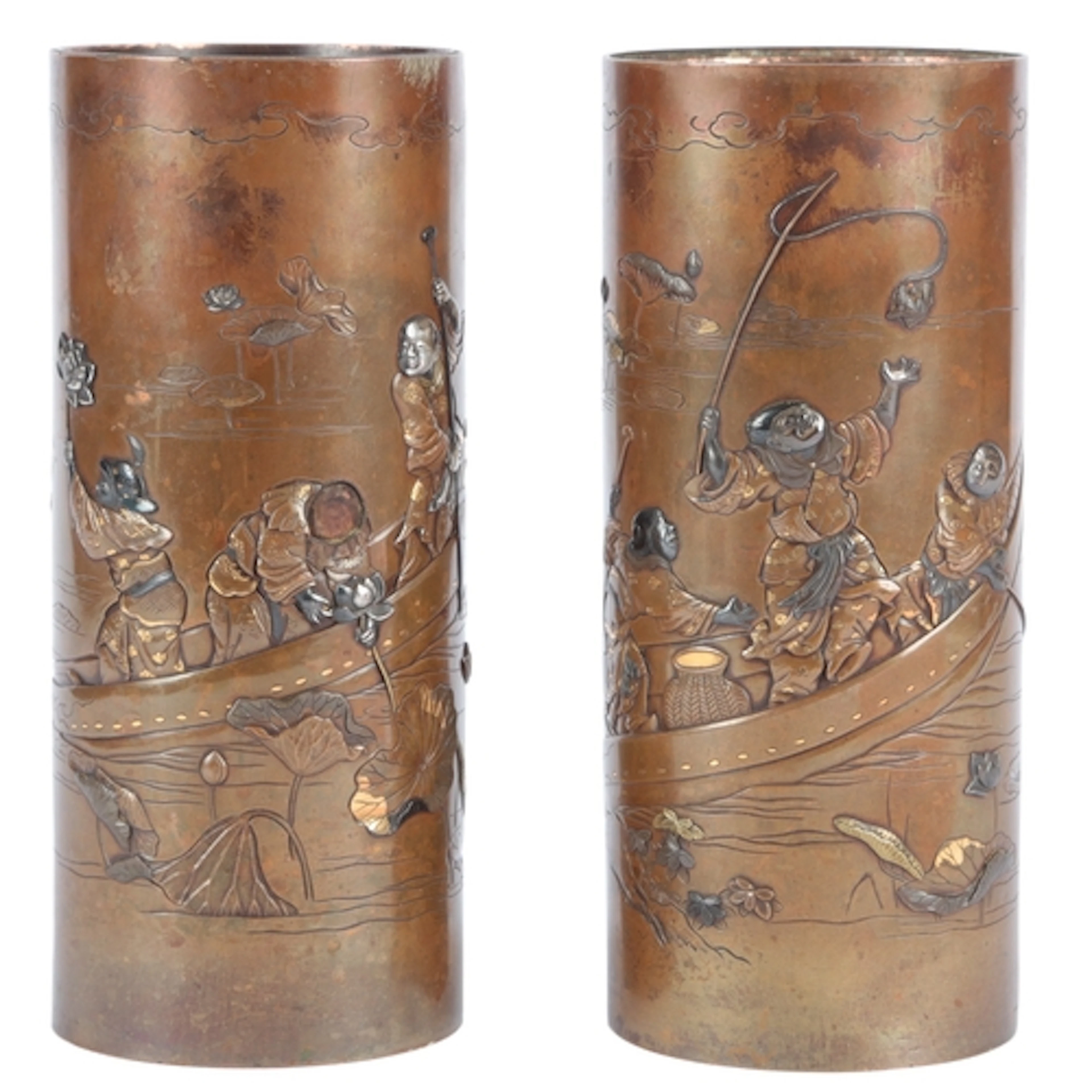 A pair of Japanese mixed metal brushpots, Meiji period, each...