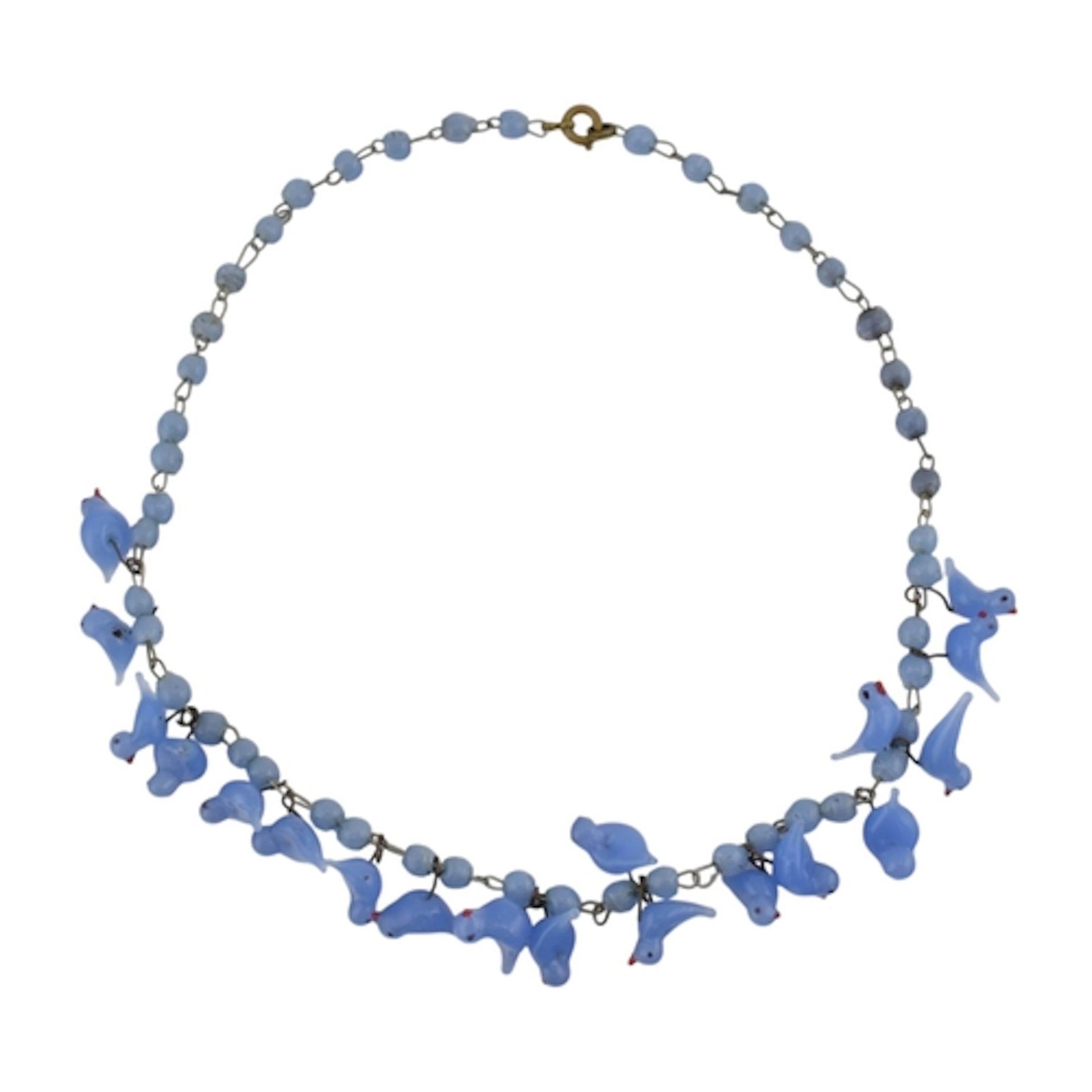 A vintage blue glass lampwork bird bead necklace. The neckla...