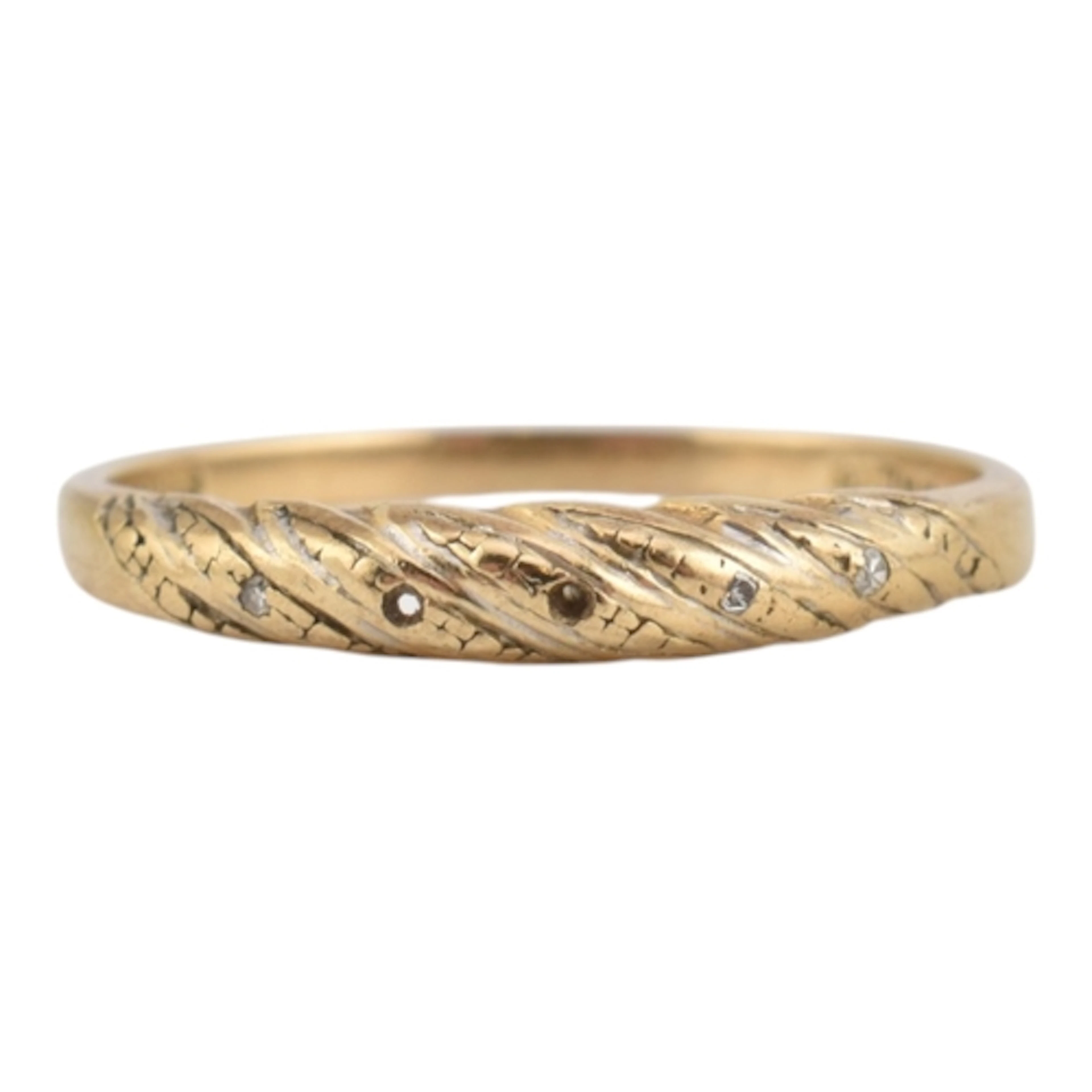 A 1980s hallmarked 9ct gold twisted band ring with diamond c...
