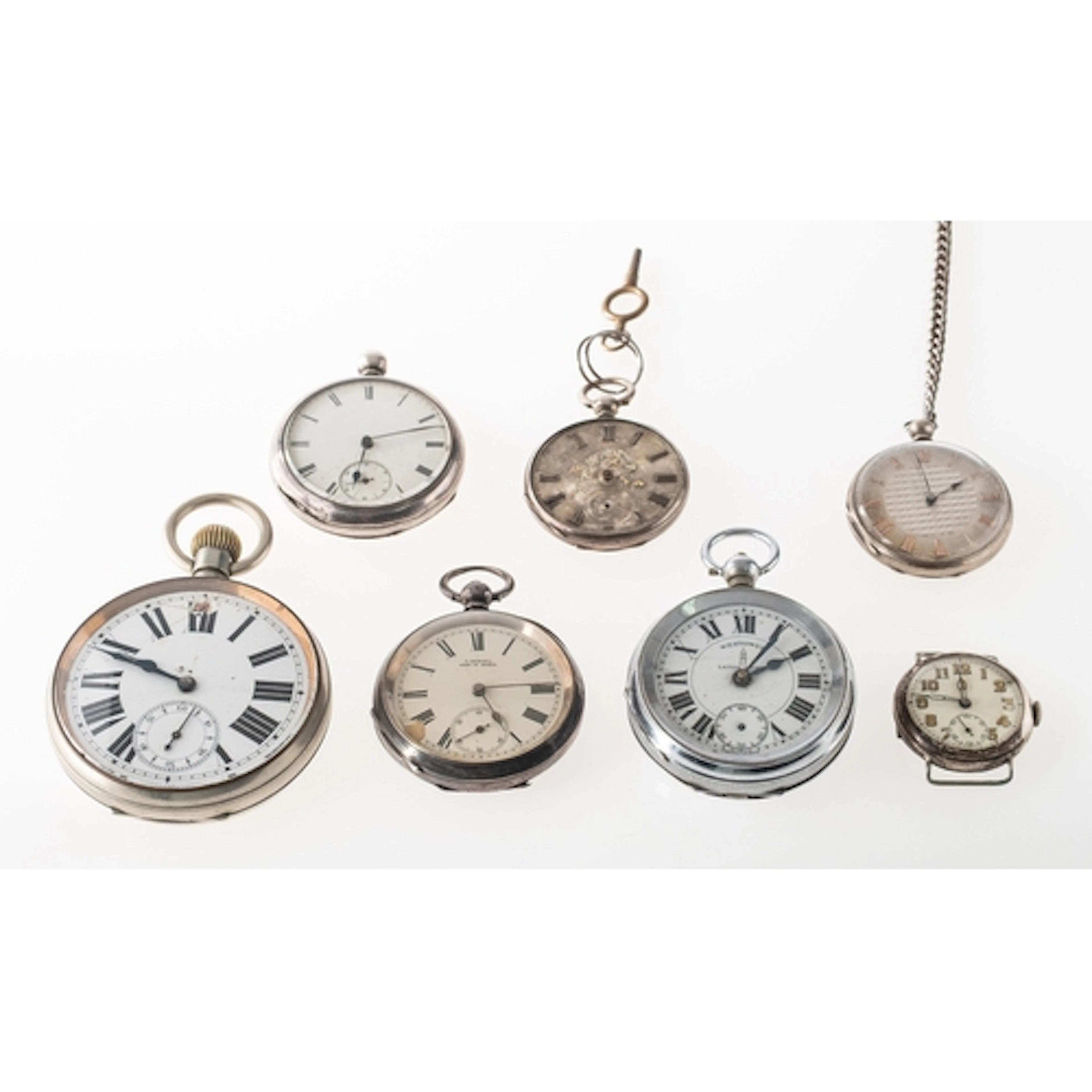 Six various pocket watches and one silver wristwatch to incl...