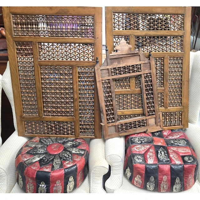 Two Middle Eastern cushions; carved wood screen etc.