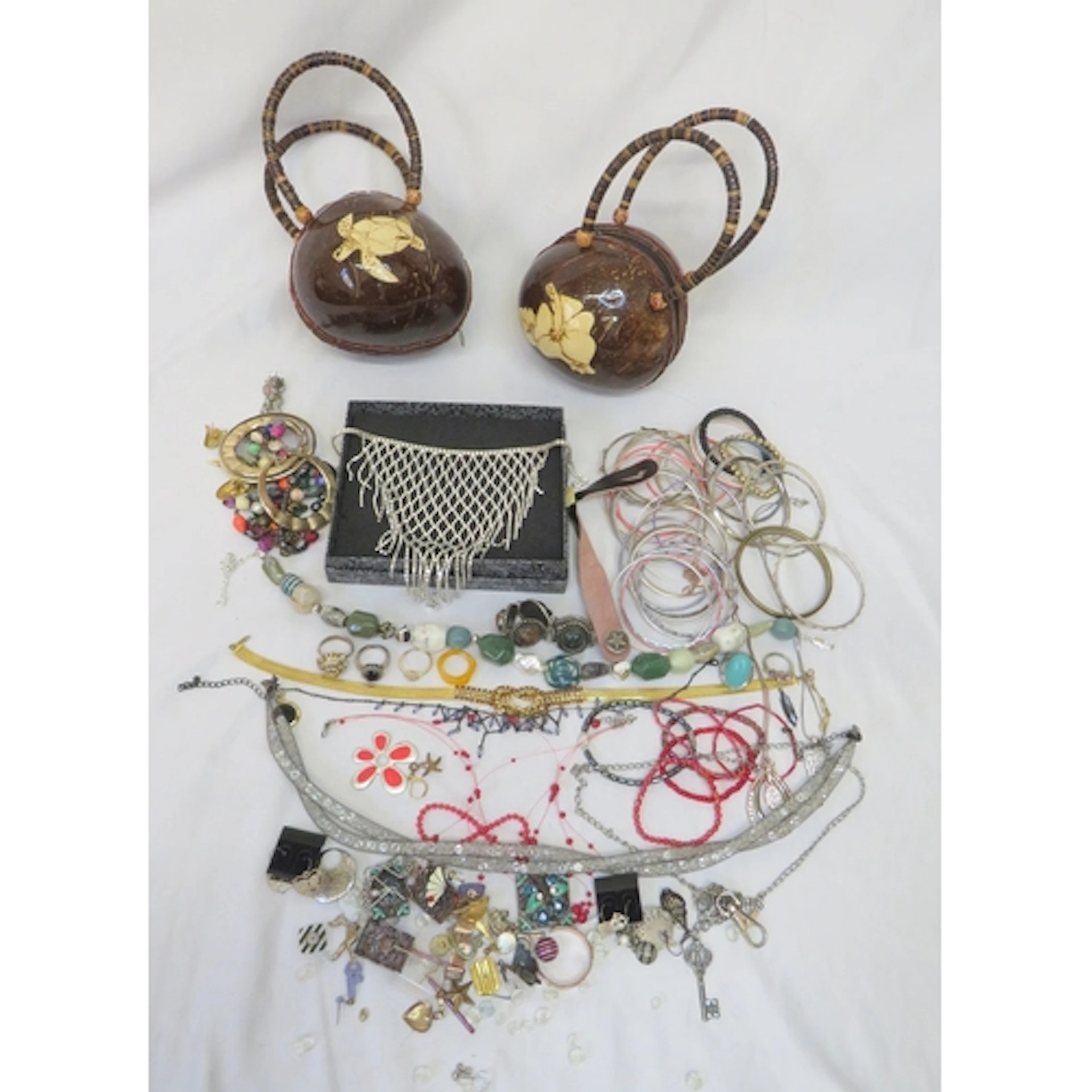 2 Polished Coconut Husk Silk Lined Handbags, costume jewelle...