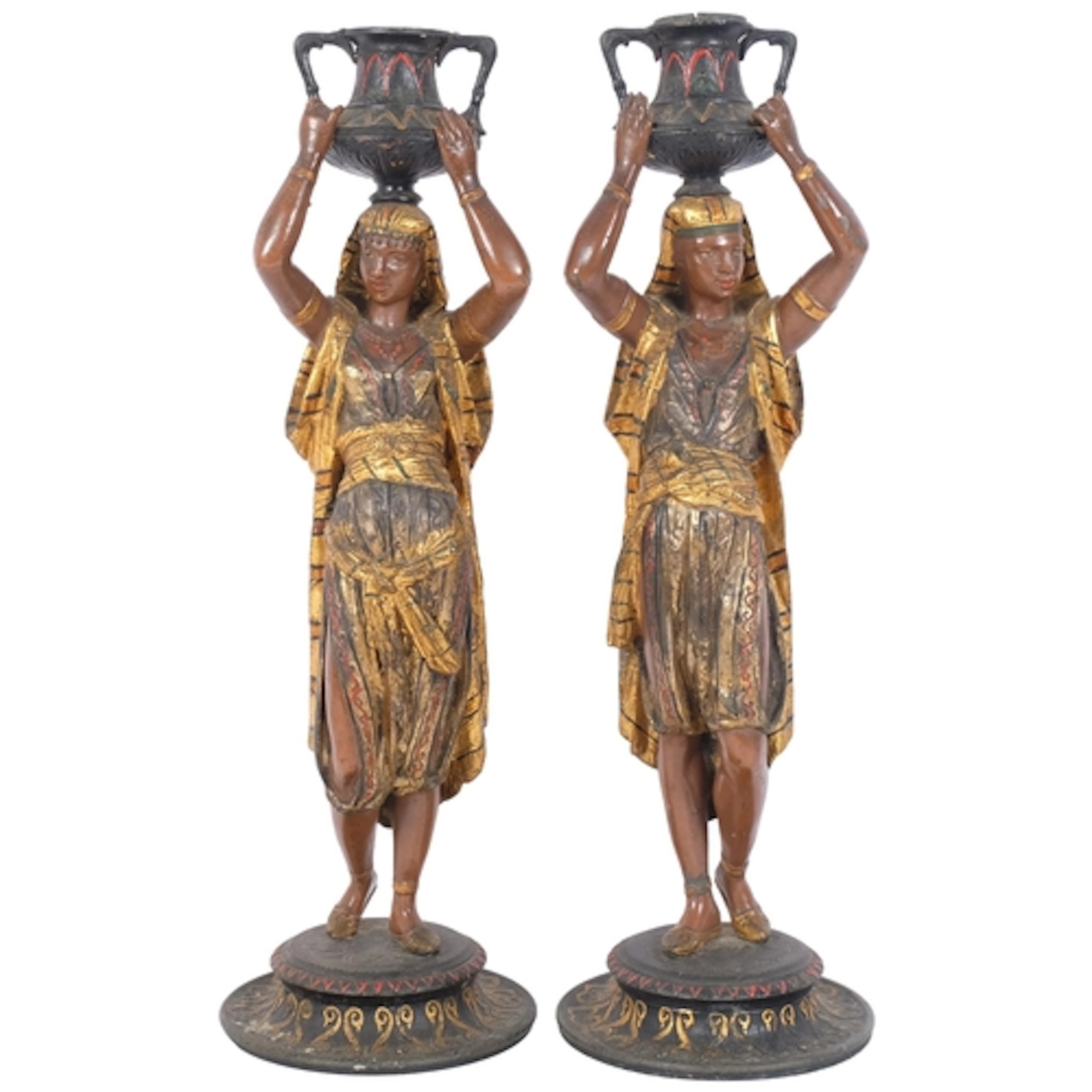A pair of Egyptian Revival cold painted spelter figural cand...