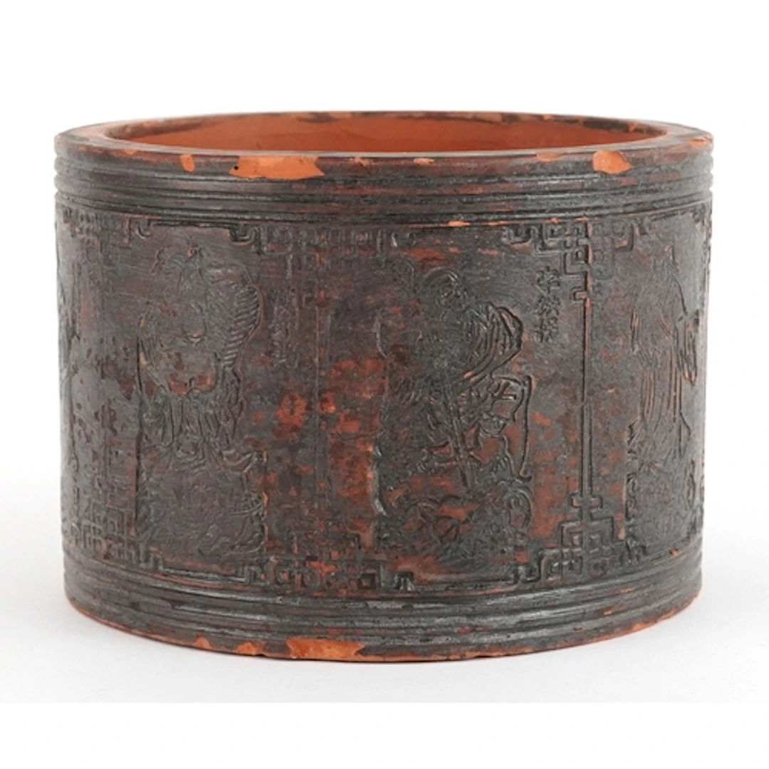 Chinese terracotta brush washer incised with panels of figur...