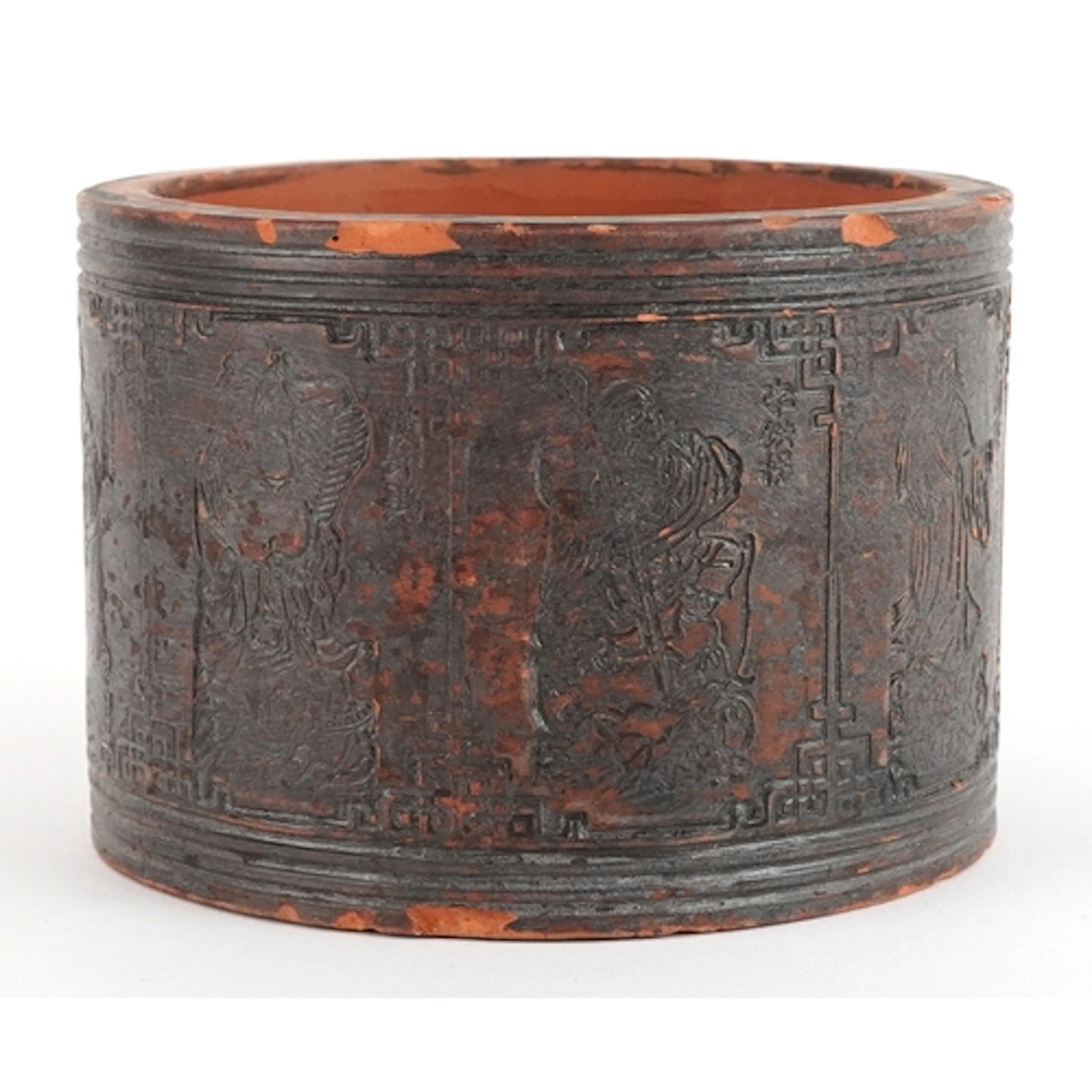 Chinese terracotta brush washer incised with panels of figur...