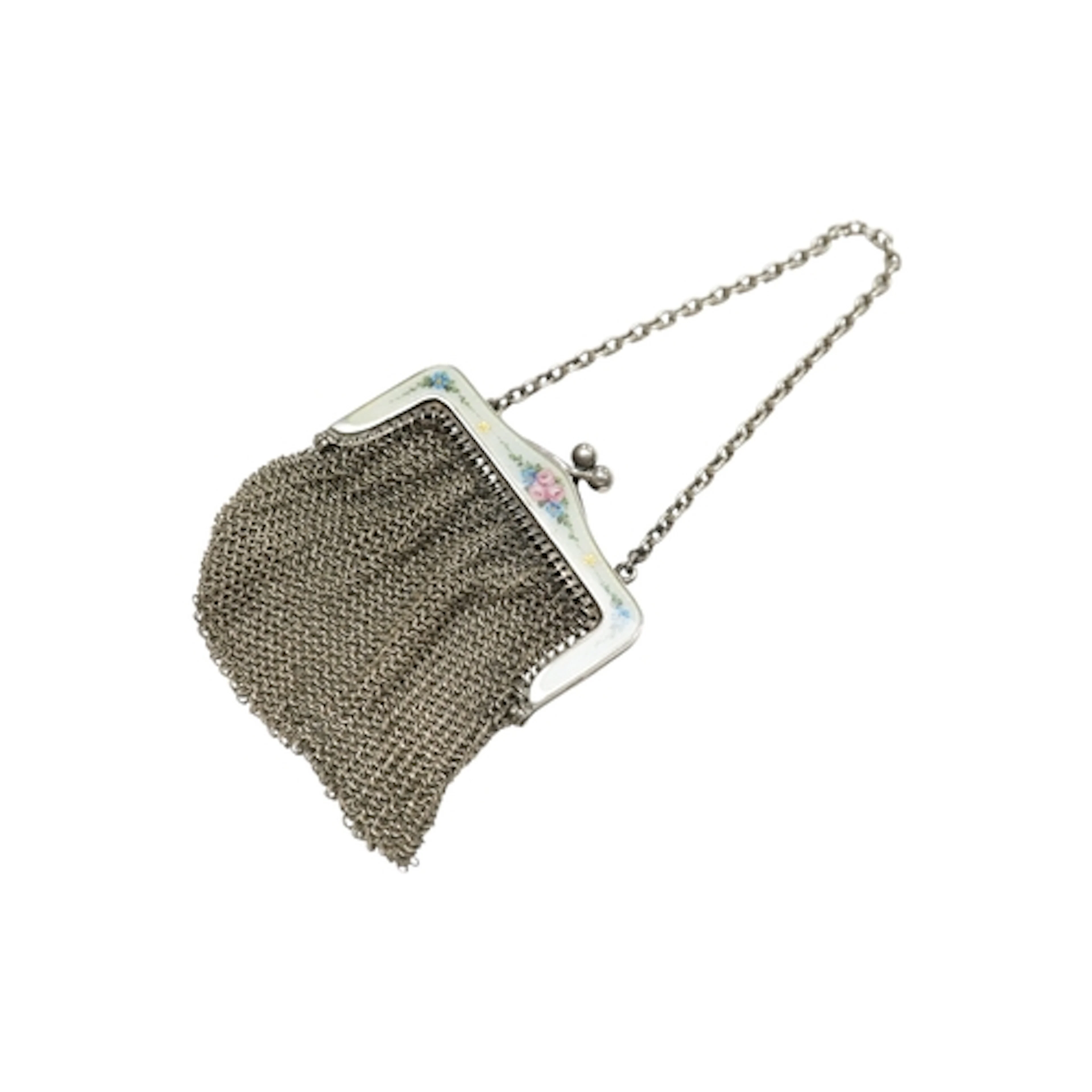 A Continental silver and enamel framed silver mesh purse, im...