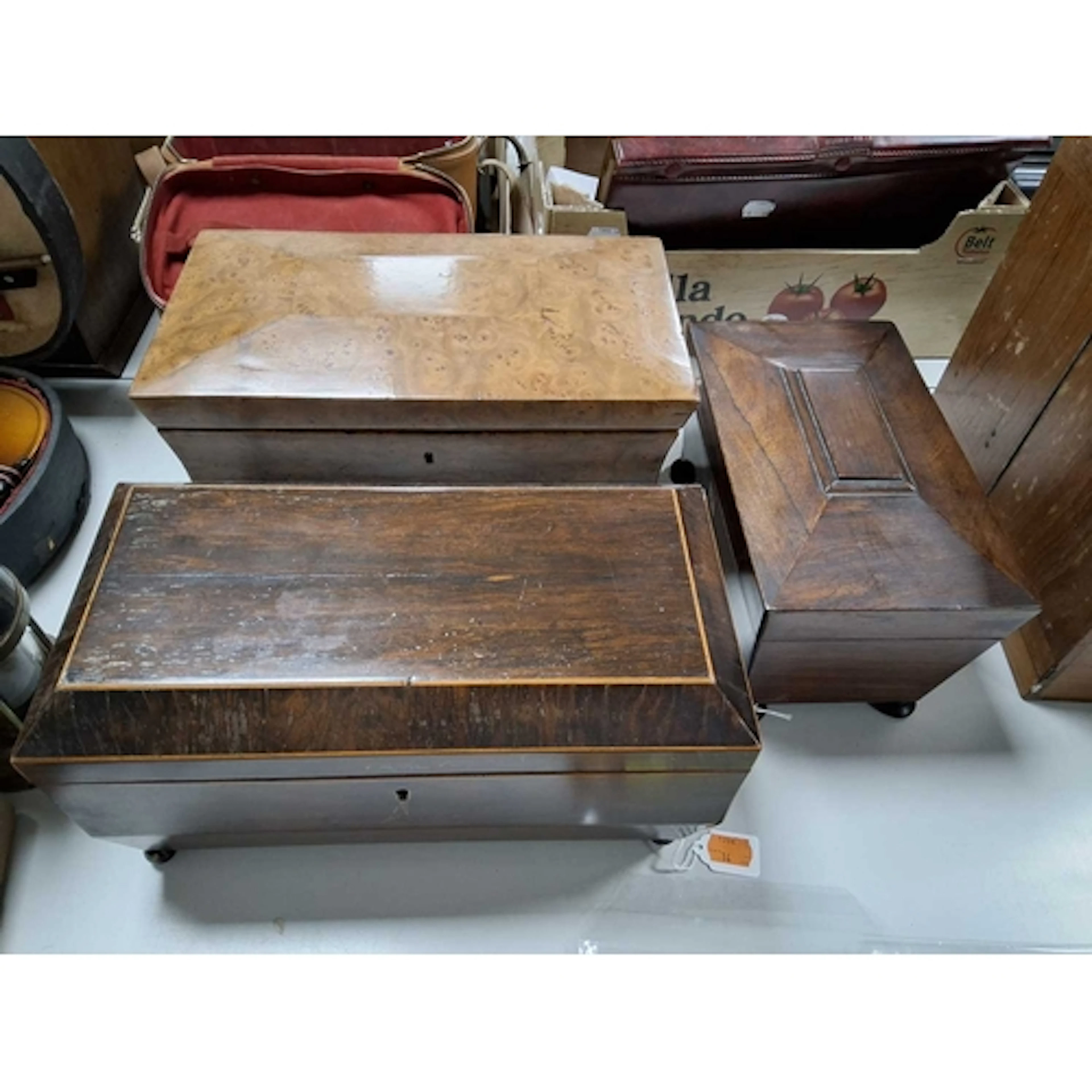 THREE ANTIQUE SARCOPHAGUS STYLE TEA CADDIES to include an ex...