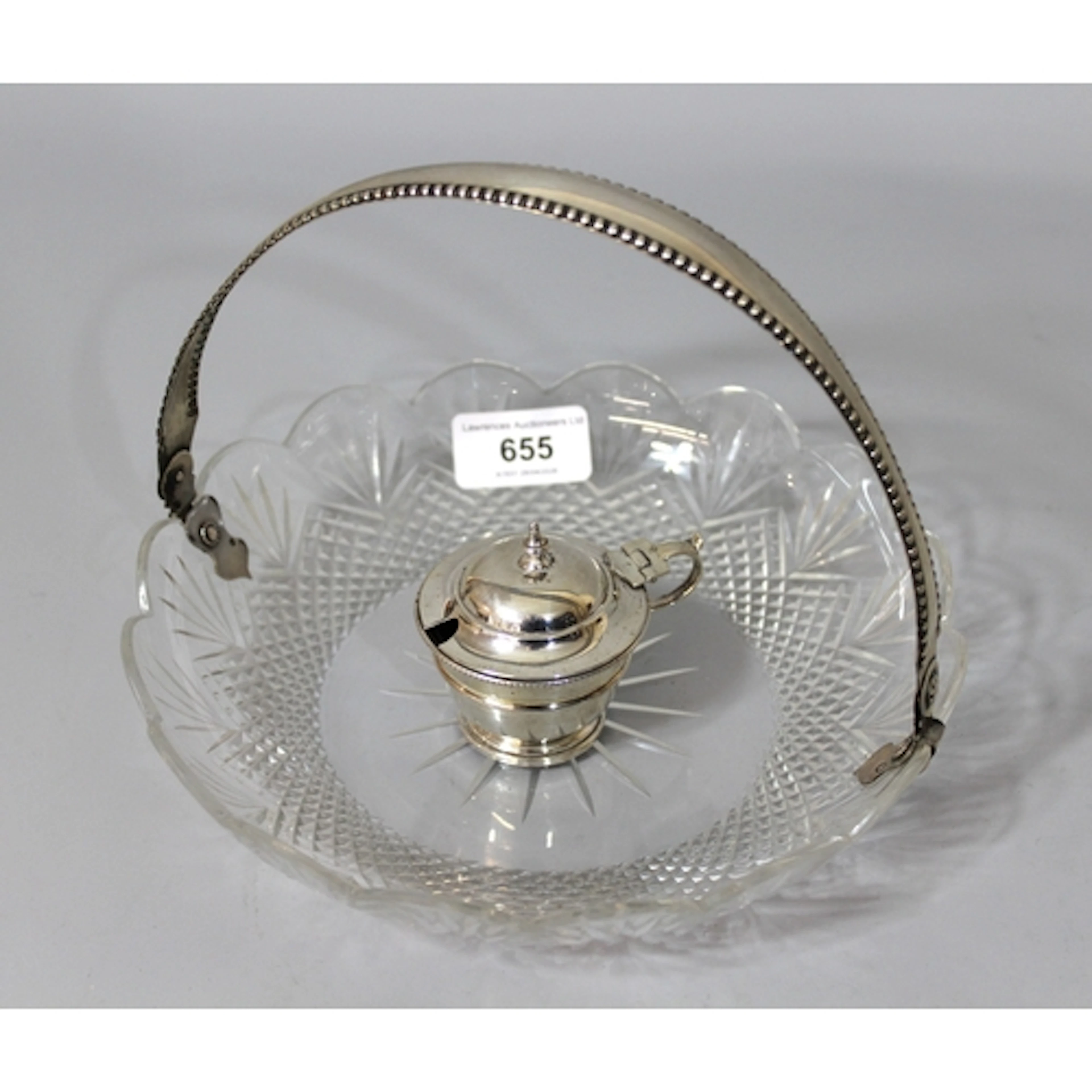Silver mustard pot, together with a cut glass basket with Co...