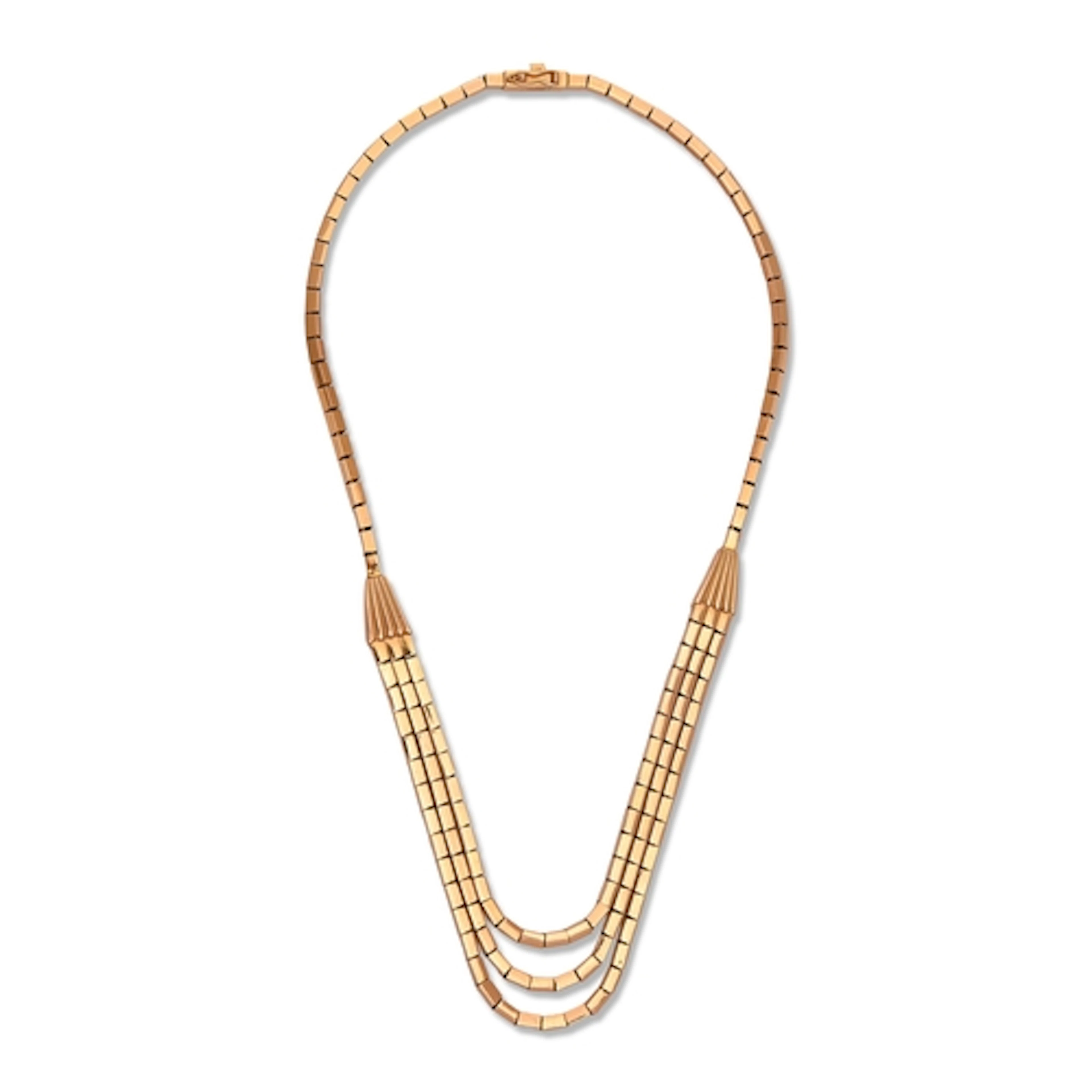 A gold necklace, with festoon centre, 44cm l, marked 750, 47...