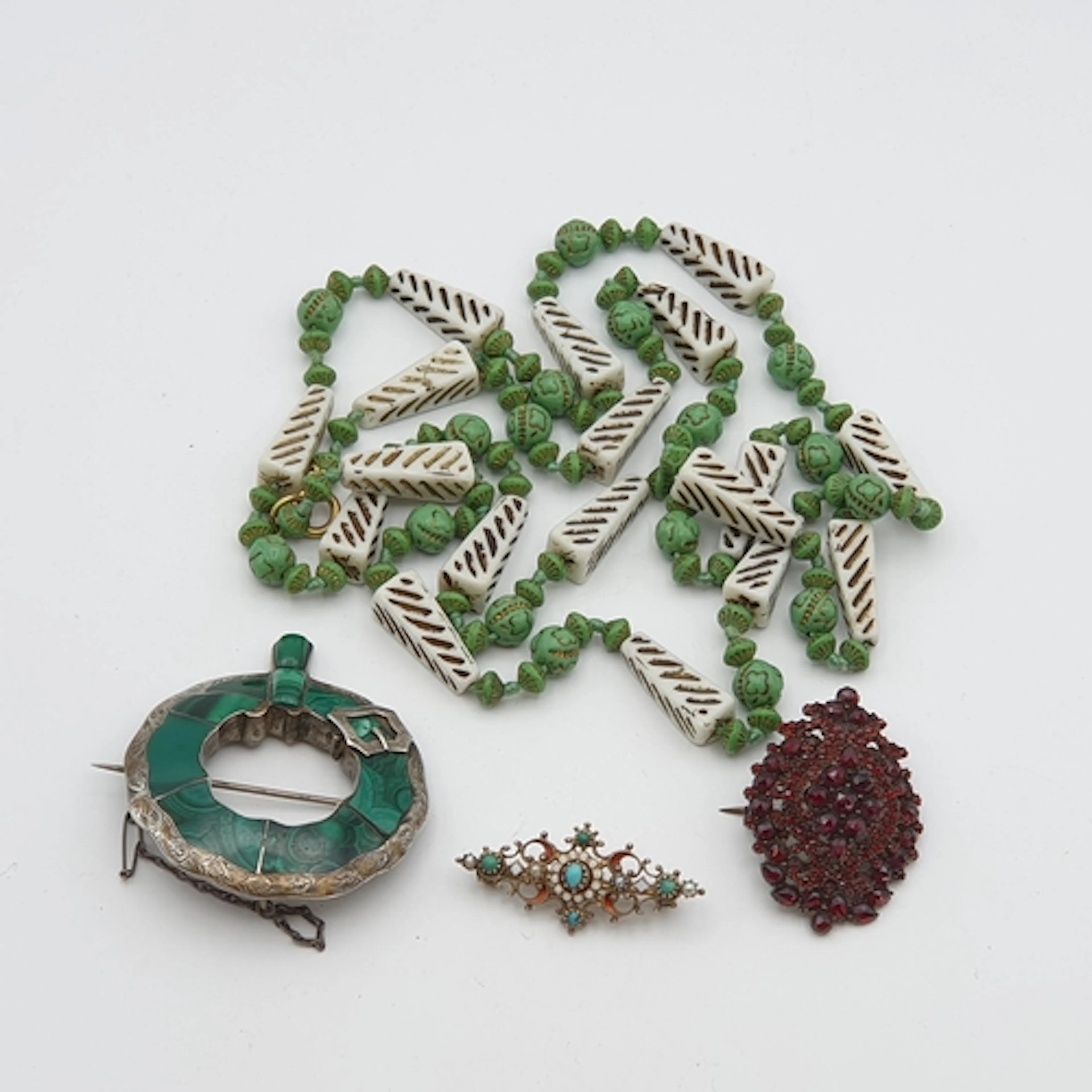 An Art Deco green and white glass bead Necklace, possibly Ne...