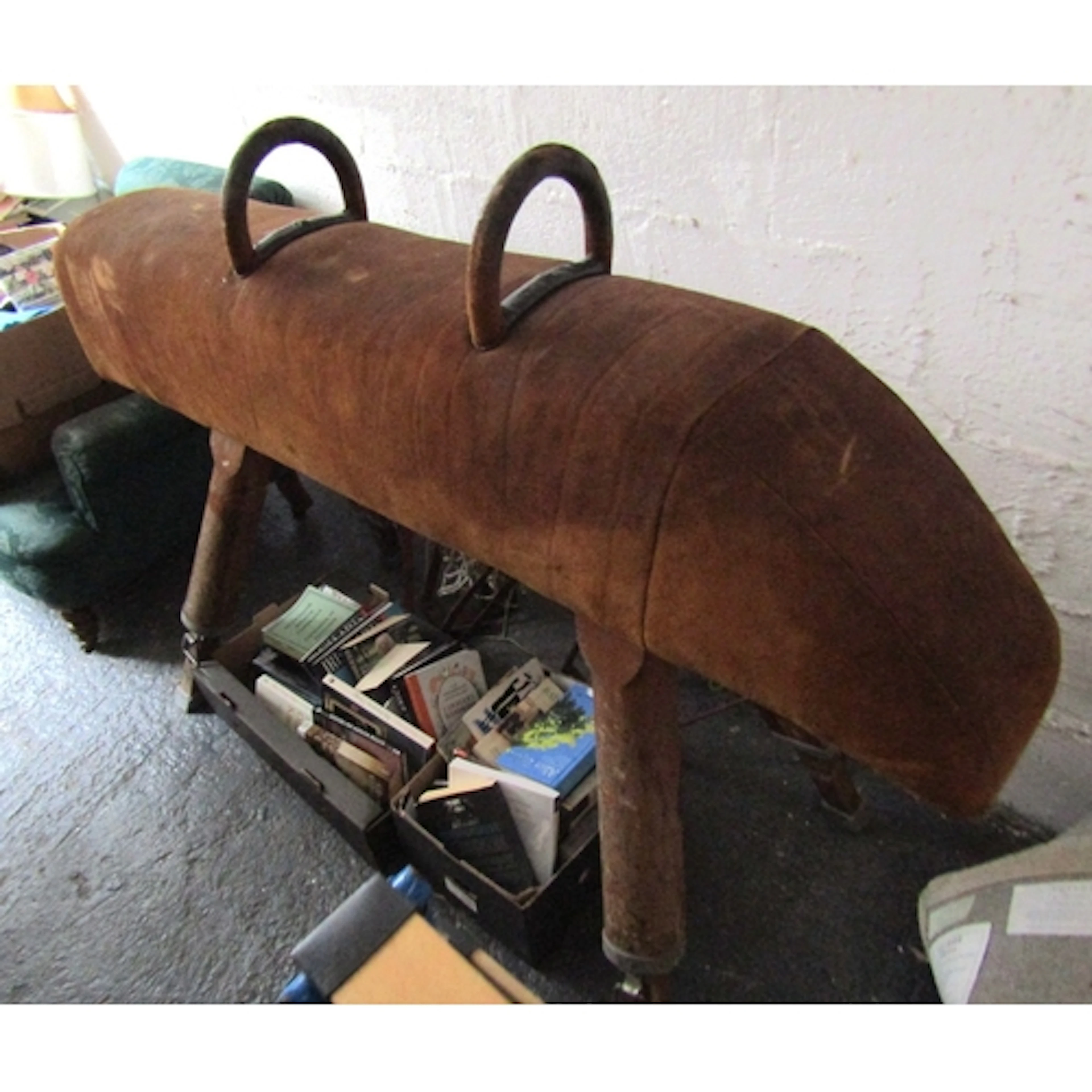 Vintage Full Size Swede Covered Pommel Horse with Various Le...