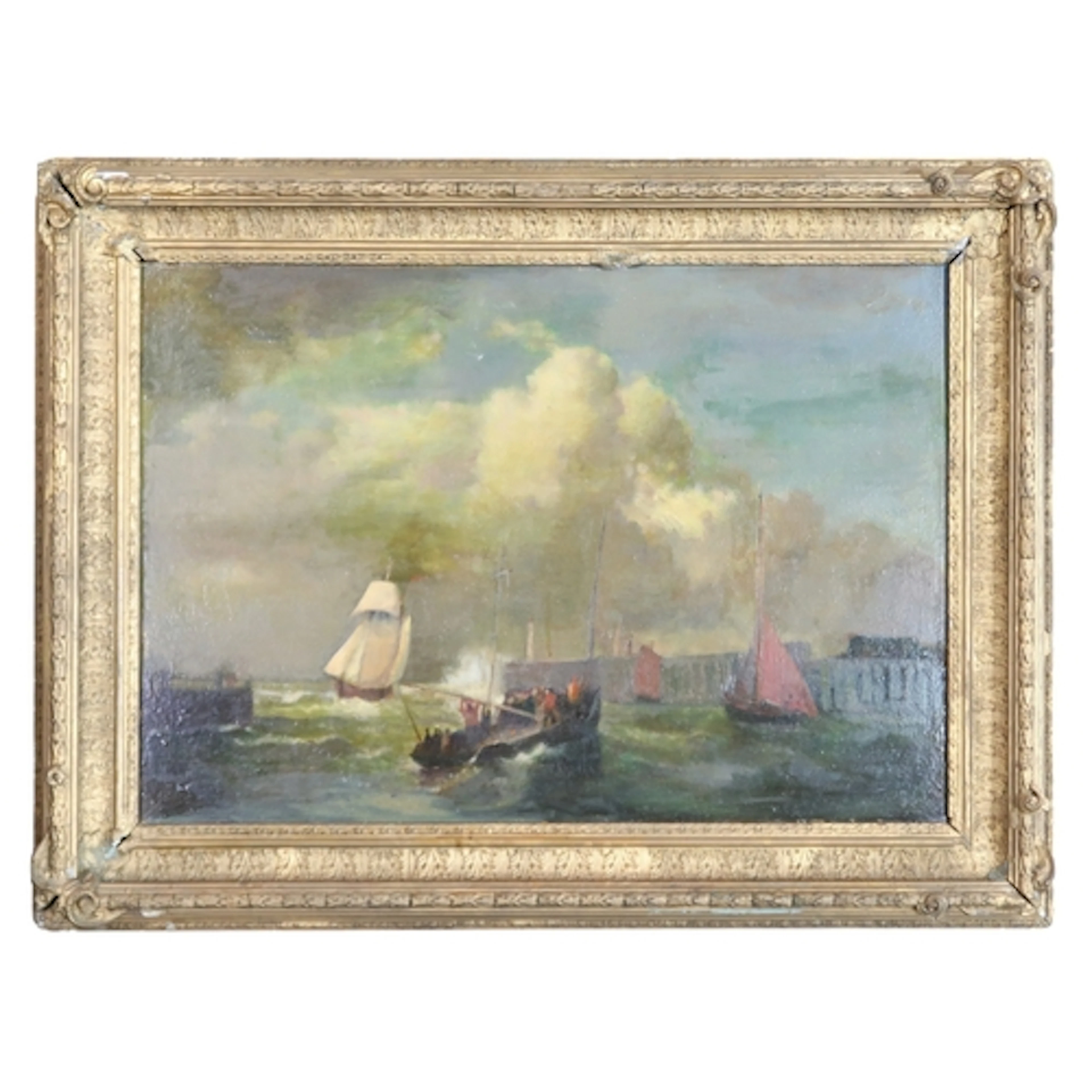 BRITISH SCHOOL LATE 19th CENTURY BOATS LEAVING THE HAR...