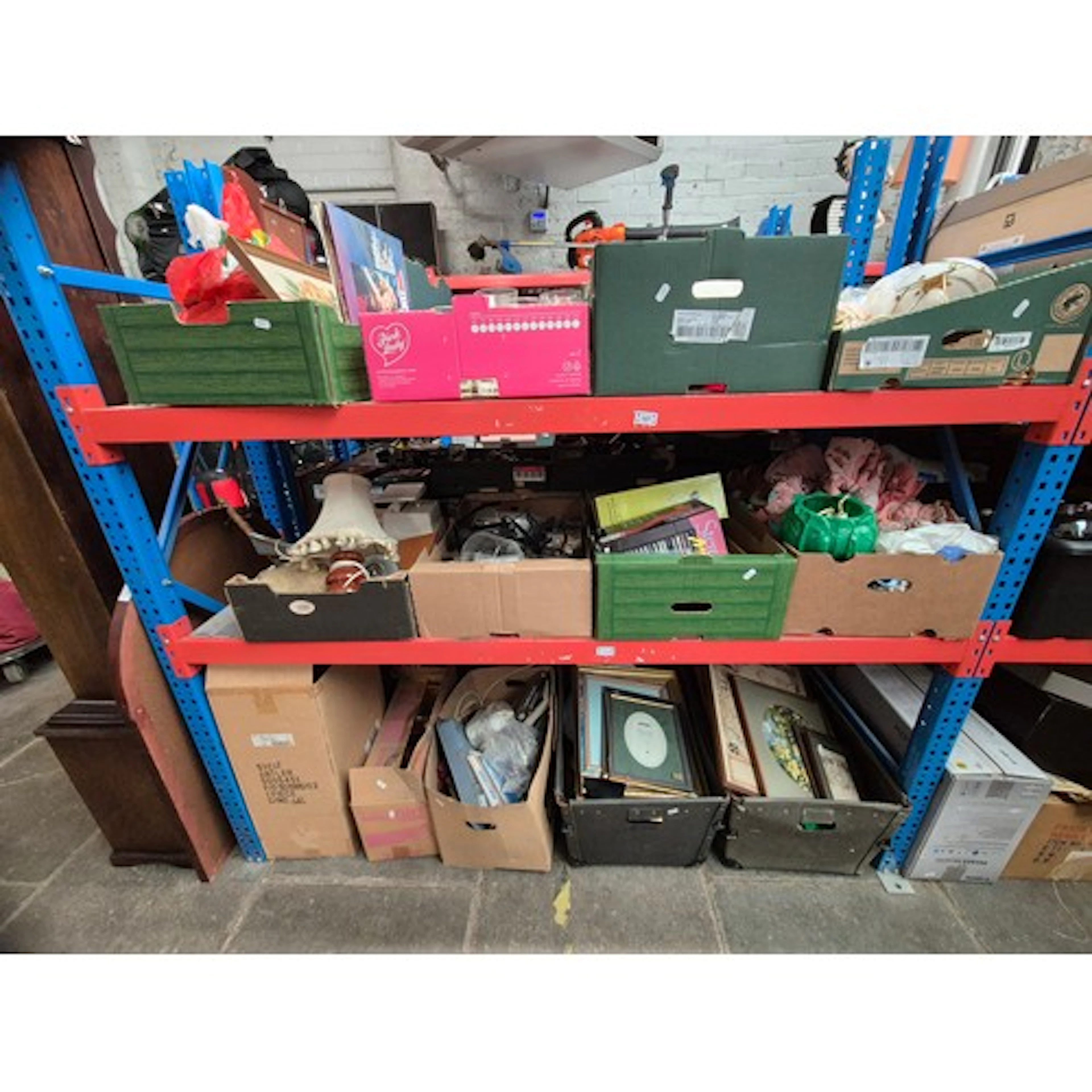 3 shelves of mixed items (13 boxes) including table lamp, sh...